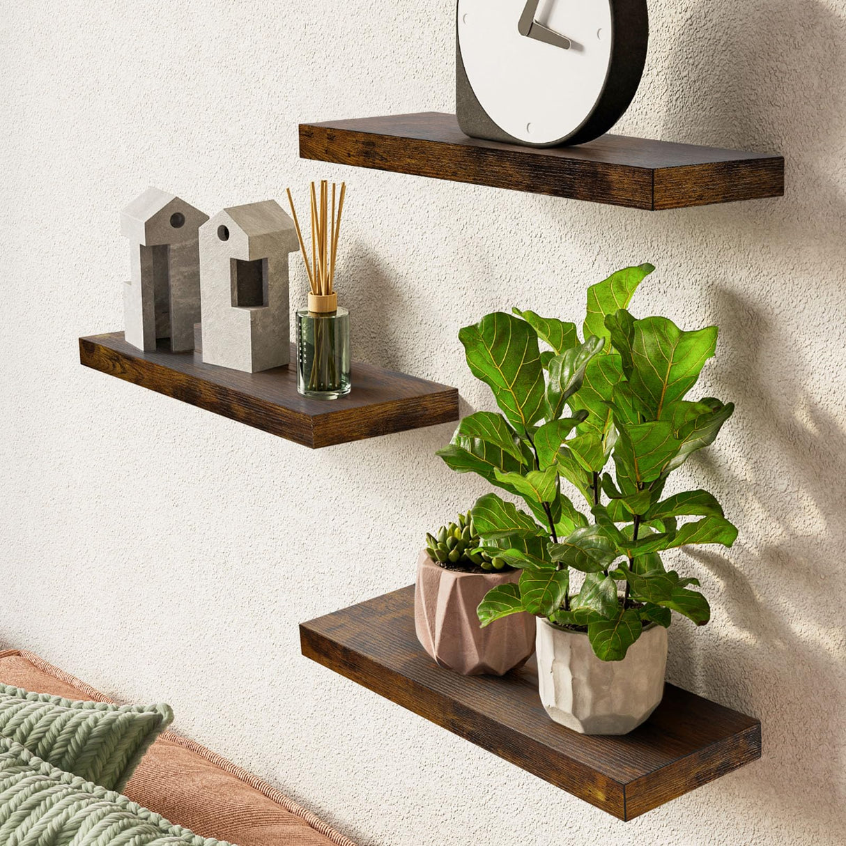 BAYKA Floating Shelves for Wall โ Bathroom Shelves Rustic Wood with Metal Brackets for Bathroom, Bedroom, Kitchen, or Living Room Decor โ Rustic Brown, Set of 3, Sturdy Storage with 22lb Capacity BAYKA