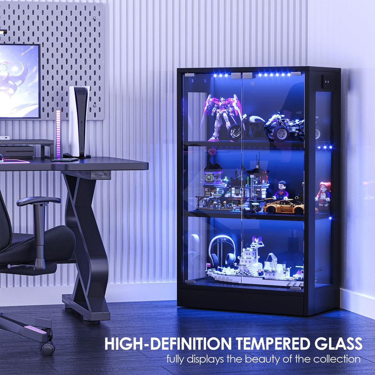 Airynee Display Cabinet with Glass Doors 3-Tier, 7 Vibrant Colors 3 Dynamic Lighting Modes HD Glass Storage Cabinet with Human Body Sensor(Black) Airynee