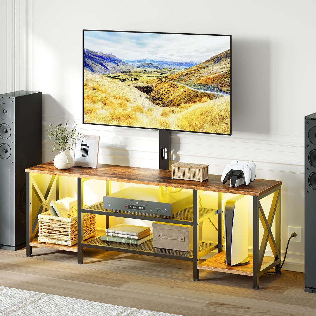 HOOBRO TV Stand with Mount and Power Outlet, LED Entertainment Center with Swivel Mount for 32/45/55/60/65/70/75 inch TVs, 3-Tier Storage Shelf for Living Room, Bedroom, Rustic Brown BF46UDDS01 HOOBRO