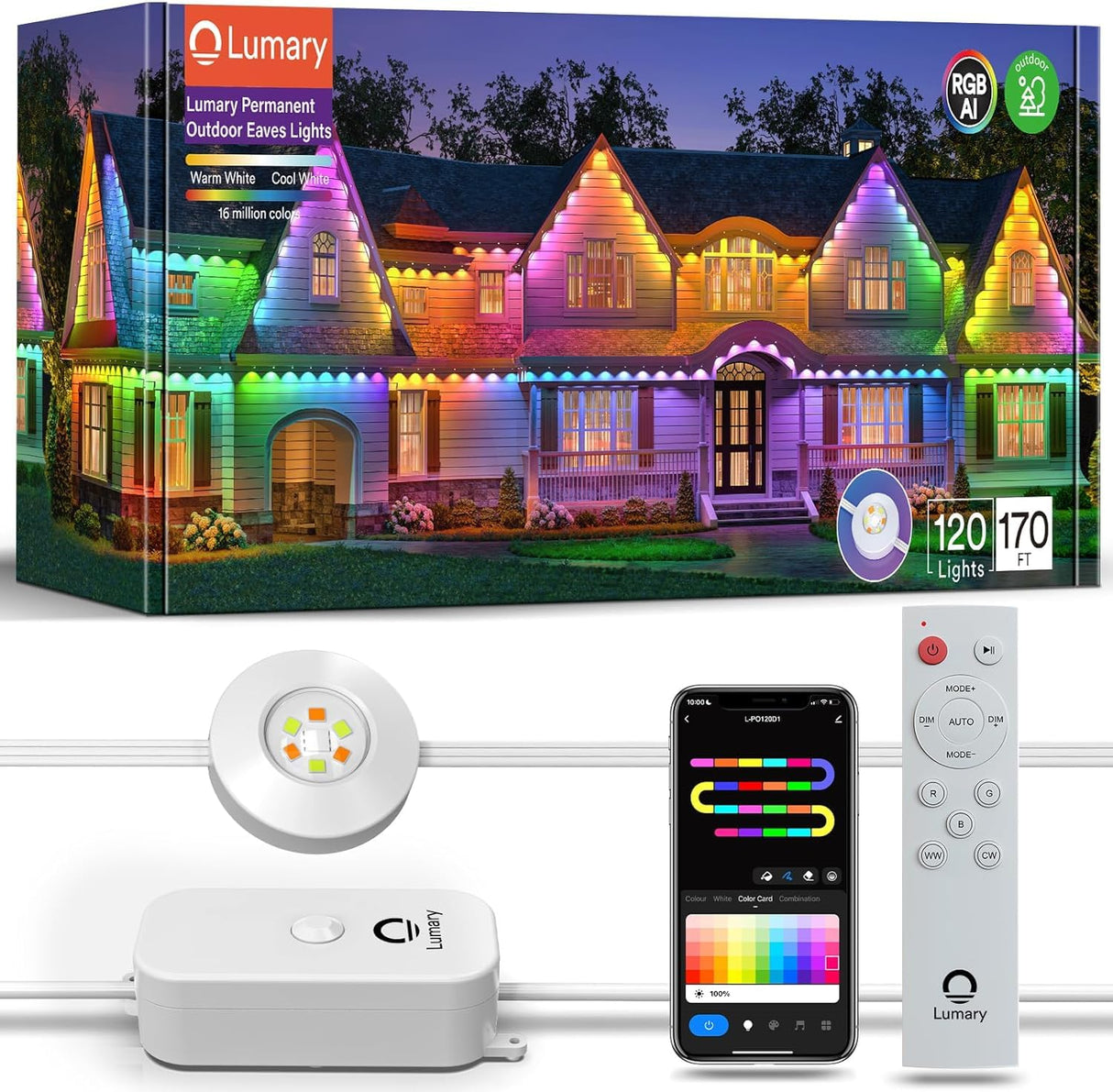 Lumary Permanent Outdoor Lights Pro 158ft for House, 120LED 50lm RGBAICW Smart Eave Lights, IP67 Waterproof, Multi Scenes for Daily and Holiday Accent Lighting Decor, Work with Alexa, Google, Remote Lumary
