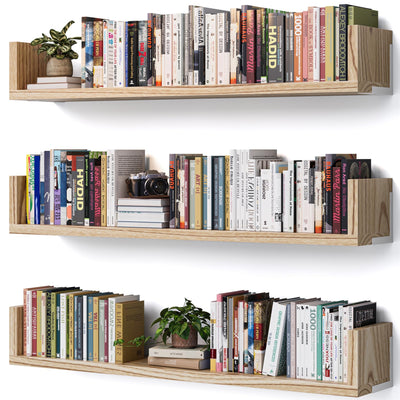 VMROF Wall Bookshelf, Set of 3, 36 Inches U Shaped Wall Shelves, Long Deep Floating Shelves, Large Floating Book Shelves - Wood Hanging Bookshelves for Kitchen, Bedroom (Light Brown, 35.4 Inches)