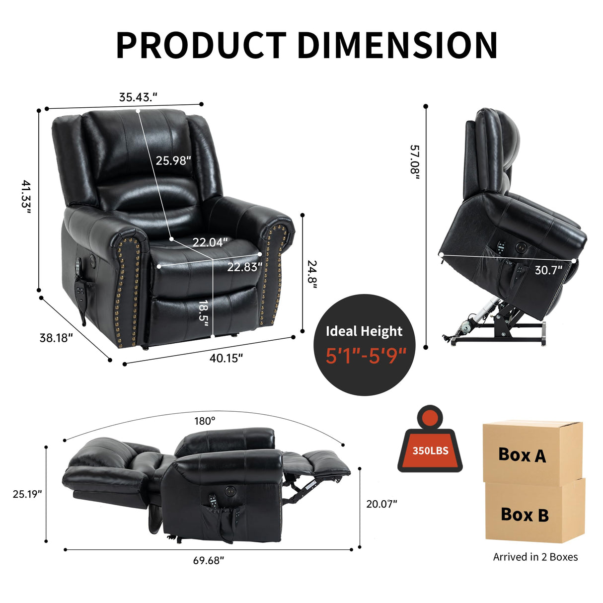 Dual Motor Power Lift Chair, Lay Flat Recliner Chair, Electric Recliner with Massage and Heat for Elderly, Remote Control, Infinite Position, Standing Assistance, USB Ports (Black, Genuine Leather) Trustyue