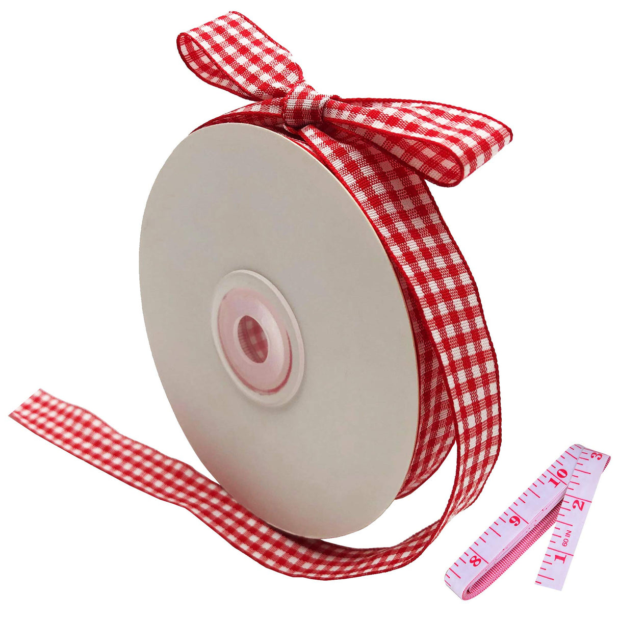 Red and White Gingham Ribbon, 5/8" x 25Yd Roll Picnic Craft Red Buffalo Ribbon for Crafts Hair Accessories and Christmas Gift Wrapping,5/8 Inch Polyester Woven Edge +60" Tape Measurement DAYEDZ