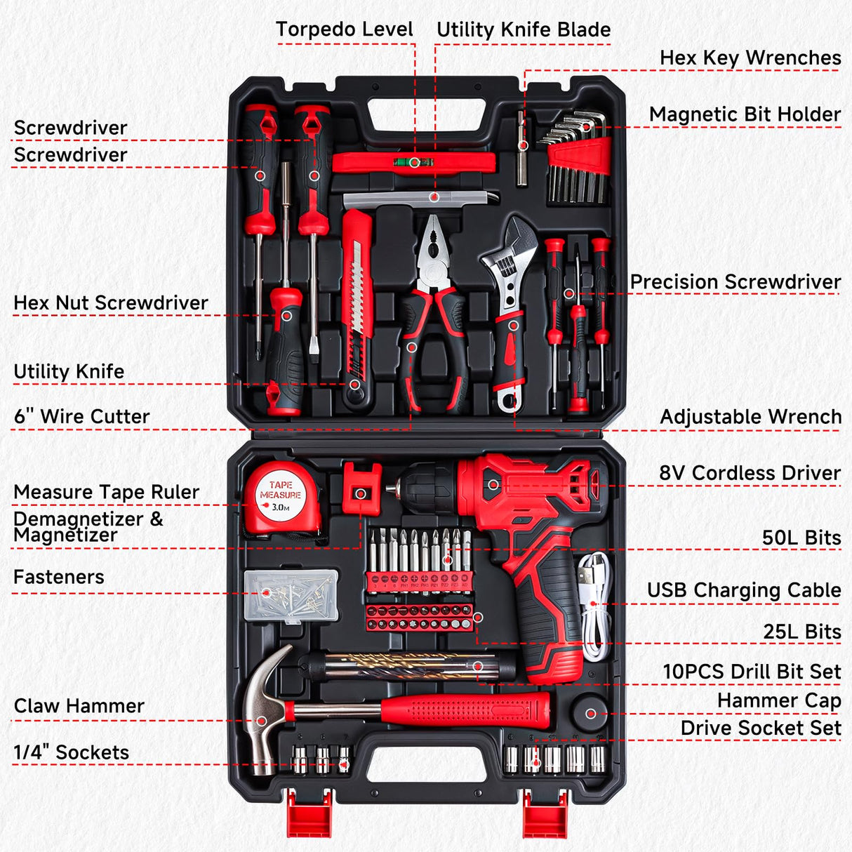 Tool Set - Tool Kit with 8V Cordless Drill, 132 Piece Tool Box with Drill, Home Tool Kits for Men & Women, Hand Drill Set Perfect for Homeowner, Diyer, Handyman - Red prekull
