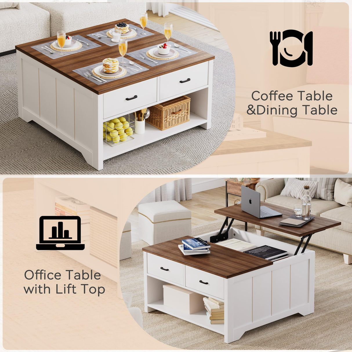 Vividwood Coffee Table Lift Top, Wood Tea Table with Big Open Storage, Square Coffee Tables for Living Room, Farmhouse Coffe Tables Rustic Center Table with 2 Drawers, Coffe White Vividwood