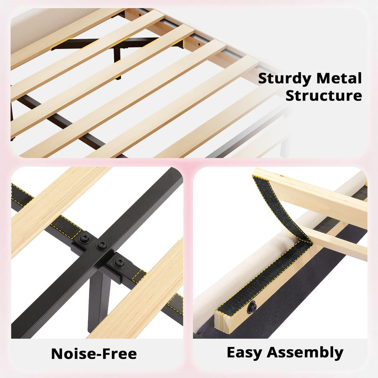 LIKIMIO Full Floating Bed Frame, Platform Bed Frame with Leather Upholstered Headboard,LED Light & Charging Station, Solid Wood Slats Support, No Box Spring Needed, Pink LIKIMIO