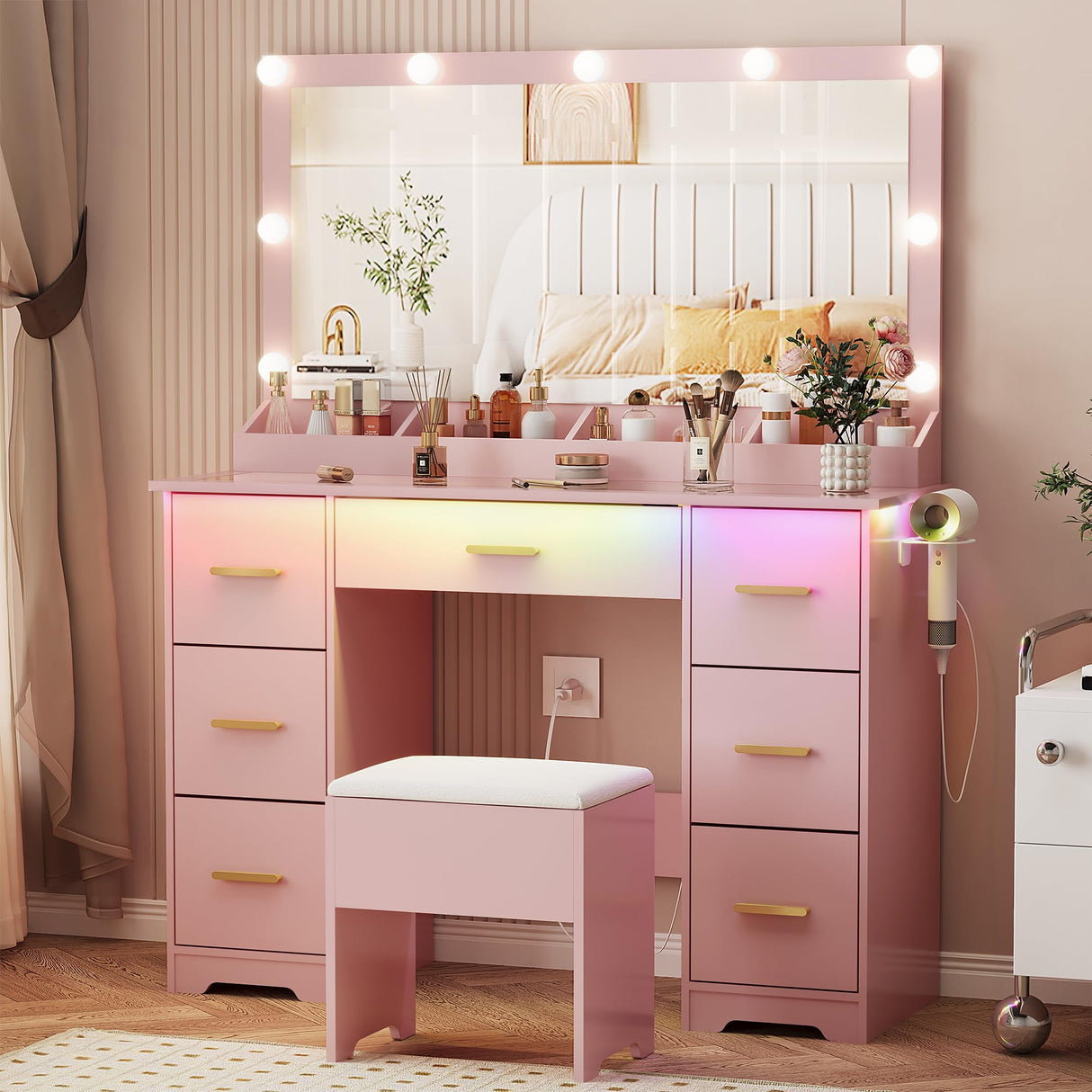METOTI Vanity Desk with 38" Large Mirror and 9 LED Lights & Glass Top and Power Outlet, Adults Makeup Vanity with Chair and 7 Storage Drawers, Dressing Table Set for Bedroom, Modern Pink METOTI