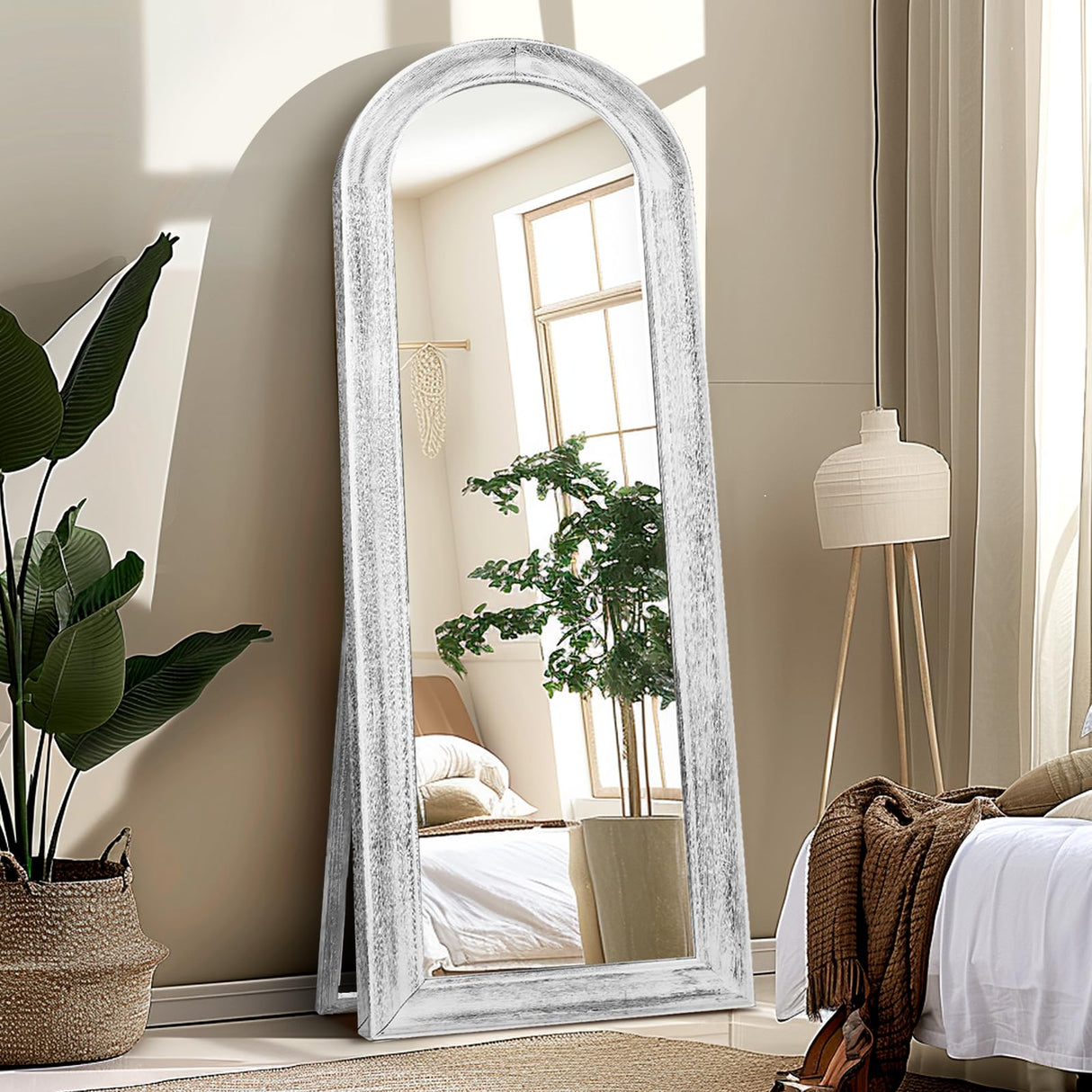 ABSWHLM 65"x22" Arched Full Length Mirror with Stand Solid Wood Frame Floor Large Mirror for Living Room, Bedroom Hanging Standing or Leaning Wall-Mounted, White ABSWHLM