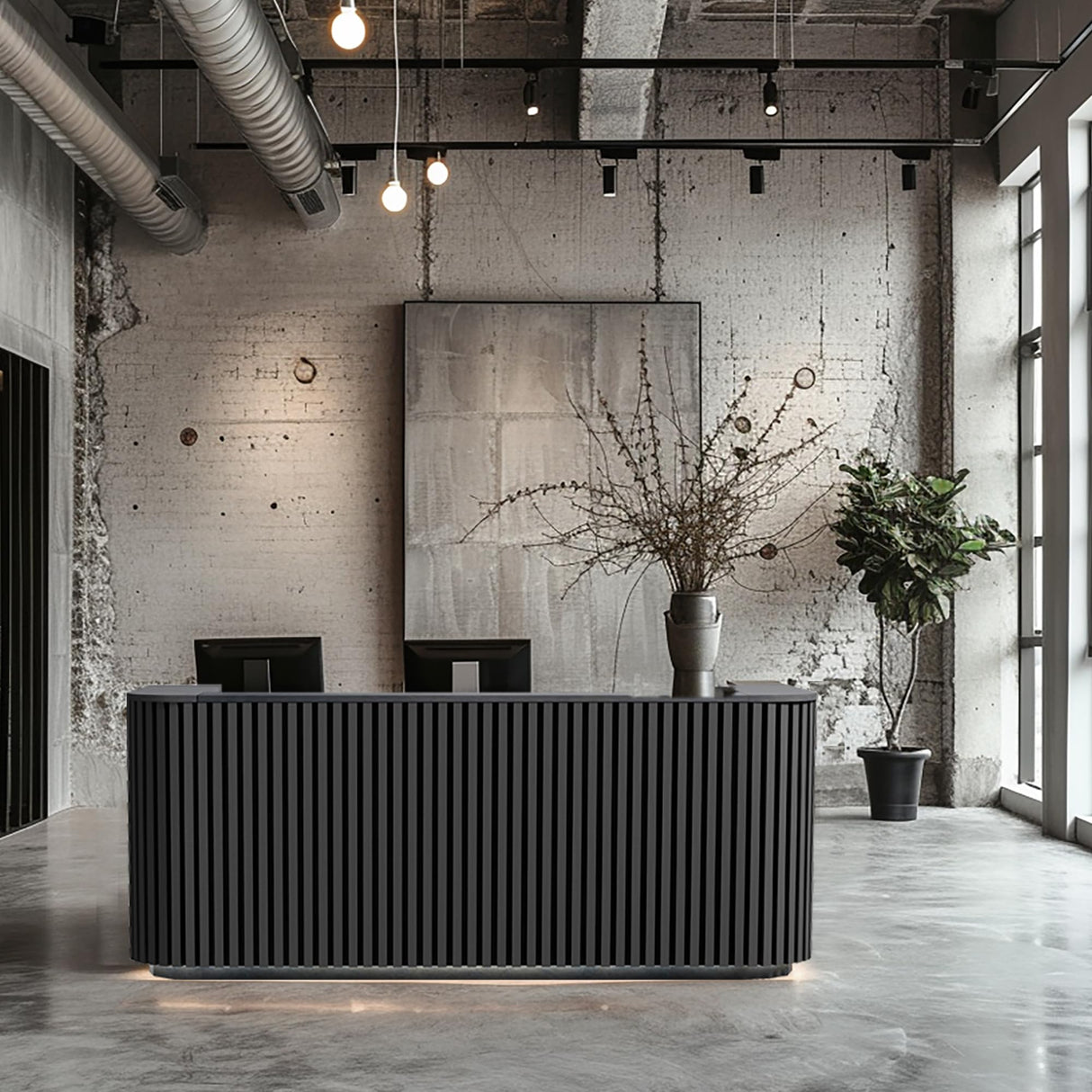 ONNAHOMEStlyle 70.87in Black Curved Reception Desk with Lock Counter, Mid Century Front Desk Reception Room Table with LED Lights, Retail Counter for Checkout, Lobby, Beauty Salon ONNAHOMEStlyle