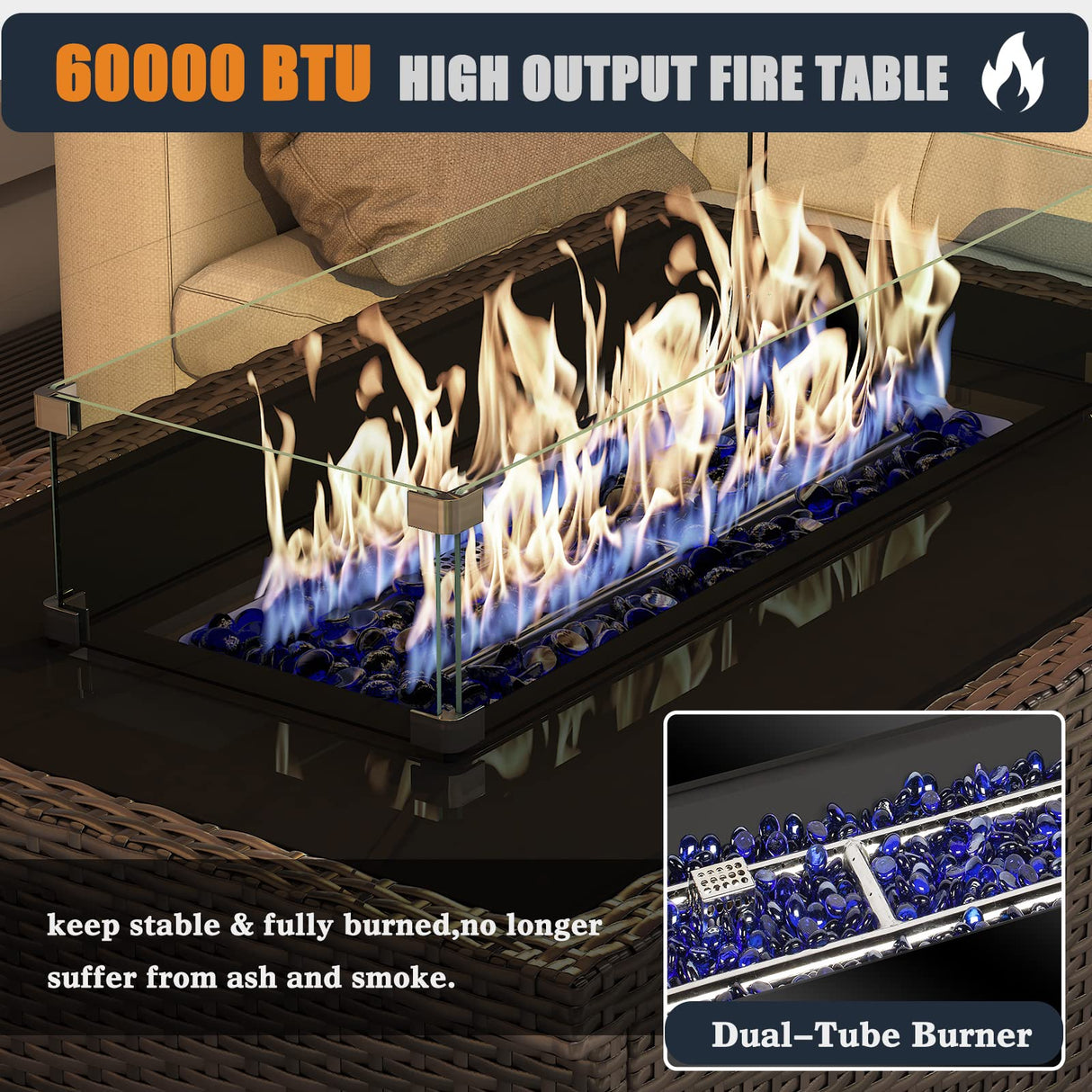 KHOLH 13 Pieces Patio Furniture Conversation Sofa Set with 44" Propane Gas Fire Pit Table, Outdoor Sectional Rattan Wicker Sofa Set KHOLH