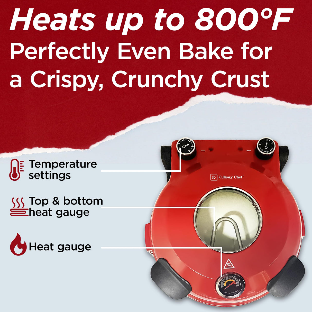 CULINARY CHEF Electric Pizza Oven with Ceramic Stone, Viewing Window, Adjustable Heat Control, Timer and 1200W Baking Power, DIY Homemade Pizzeria, Large 12” Pie Capacity (Red) CULINARY CHEF