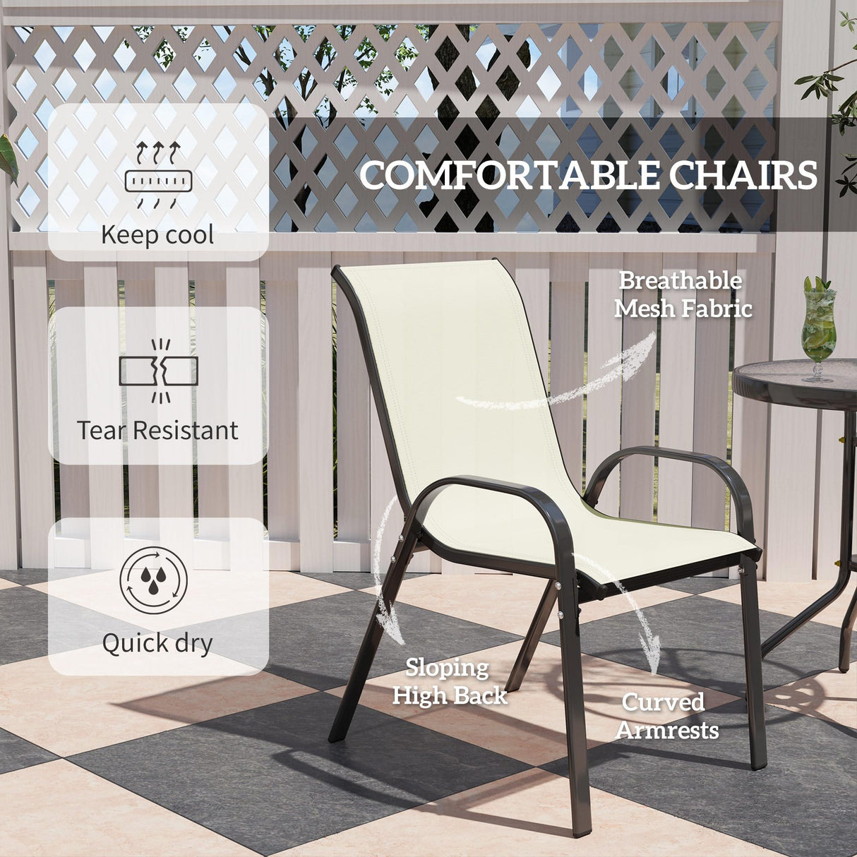 Outsunny 3 Pieces Outdoor Bistro Set, Small Patio Set with Stackable Mesh Chairs and Glass Top Table, High Back Patio Furniture Set for Backyard, Balcony, Garden, Beige Outsunny