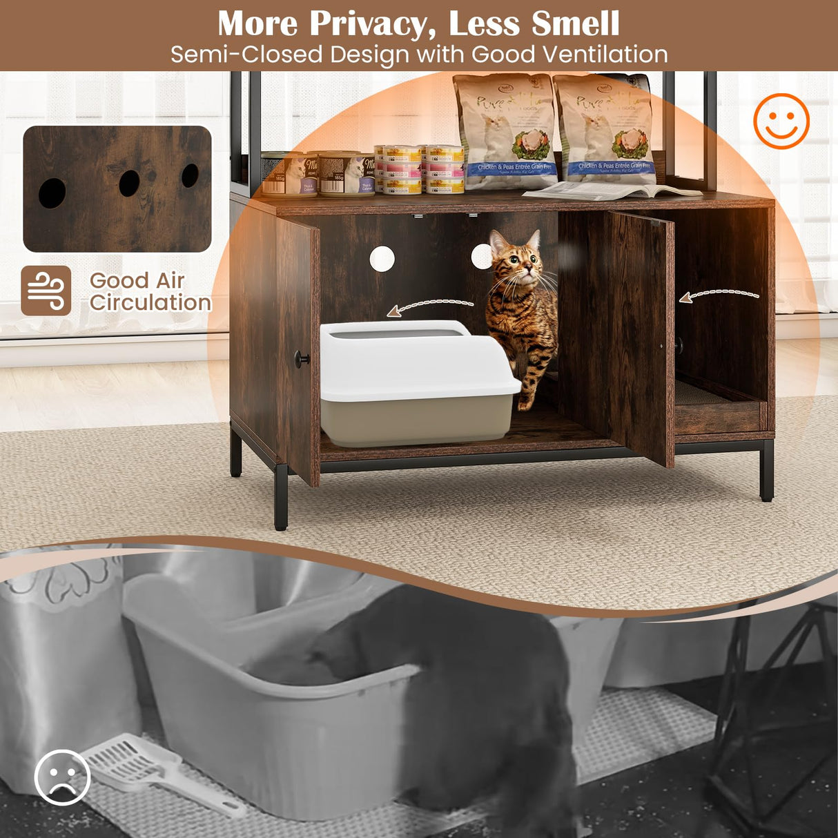 Tangkula Litter Box Enclosure with Shelves, Hidden Cat Washroom Cabinet with Storage, Winding Entry & Scratching Board, Versatile Litter Box Furniture (Rustic Brown) Tangkula