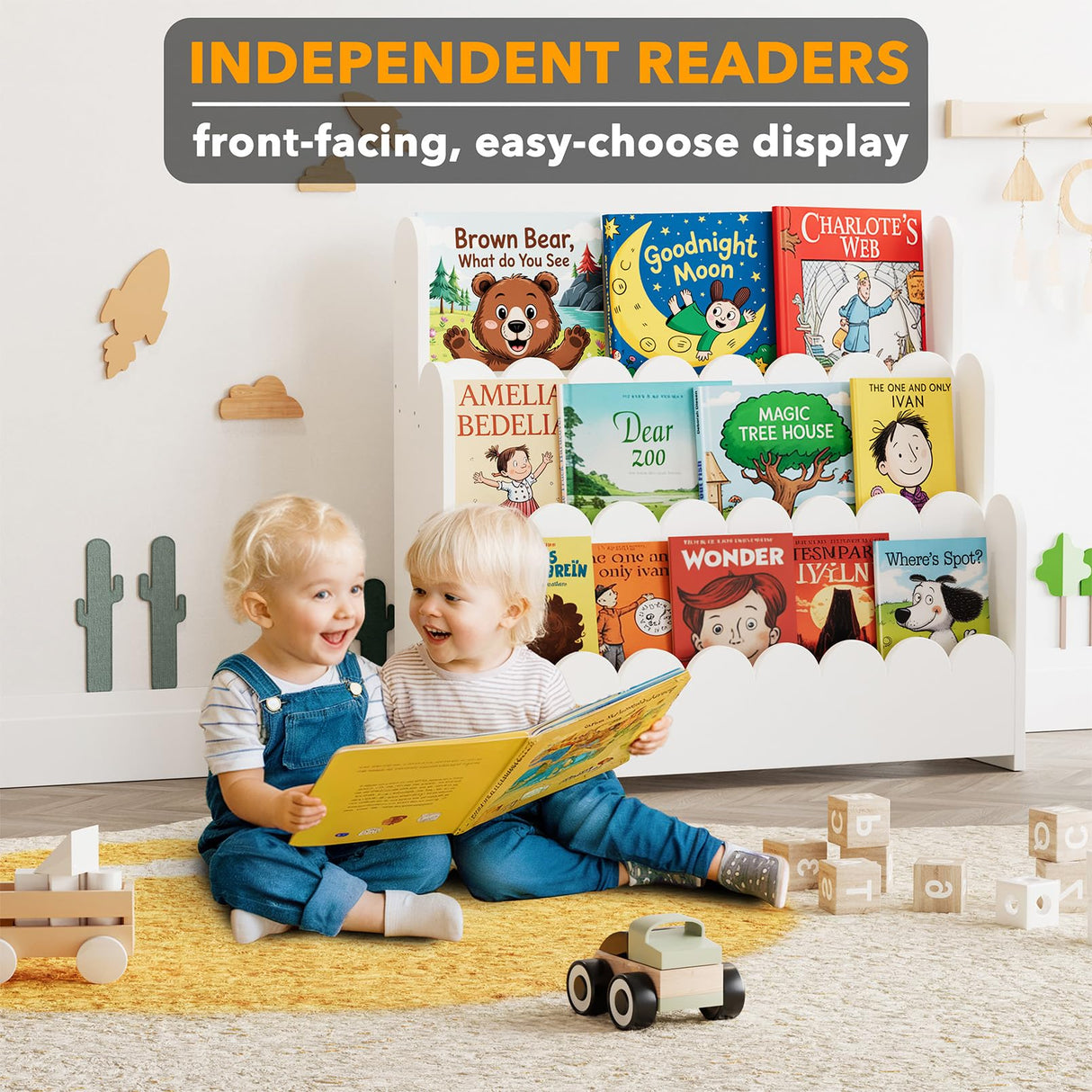 SpaceAid 3-Tier Scalloped Bookshelf, Montessori Bookcase for Toddlers, Wooden Book Shelf Organizer Display Furniture for Kids Rooms, Playroom, Nursery and Classroom, White SpaceAid