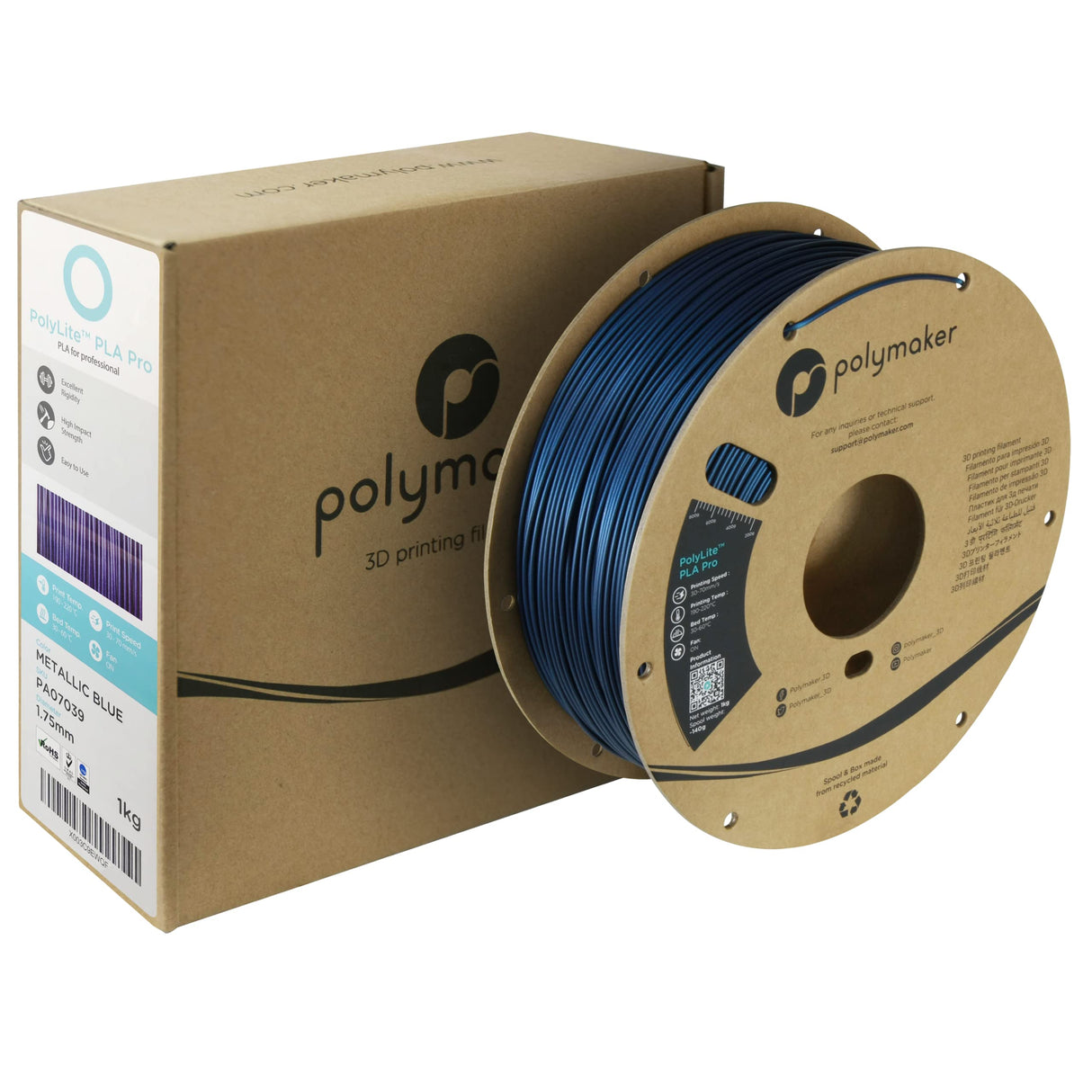 Polymaker PLA PRO Filament 1.75mm Metallic Blue, Powerful PLA Filament 1.75mm 3D Printer Filament 1kg - PolyLite 1.75 PLA Filament PRO Tough & High Rigidity 3D Printing PLA Filament Metallic Blue Polymaker