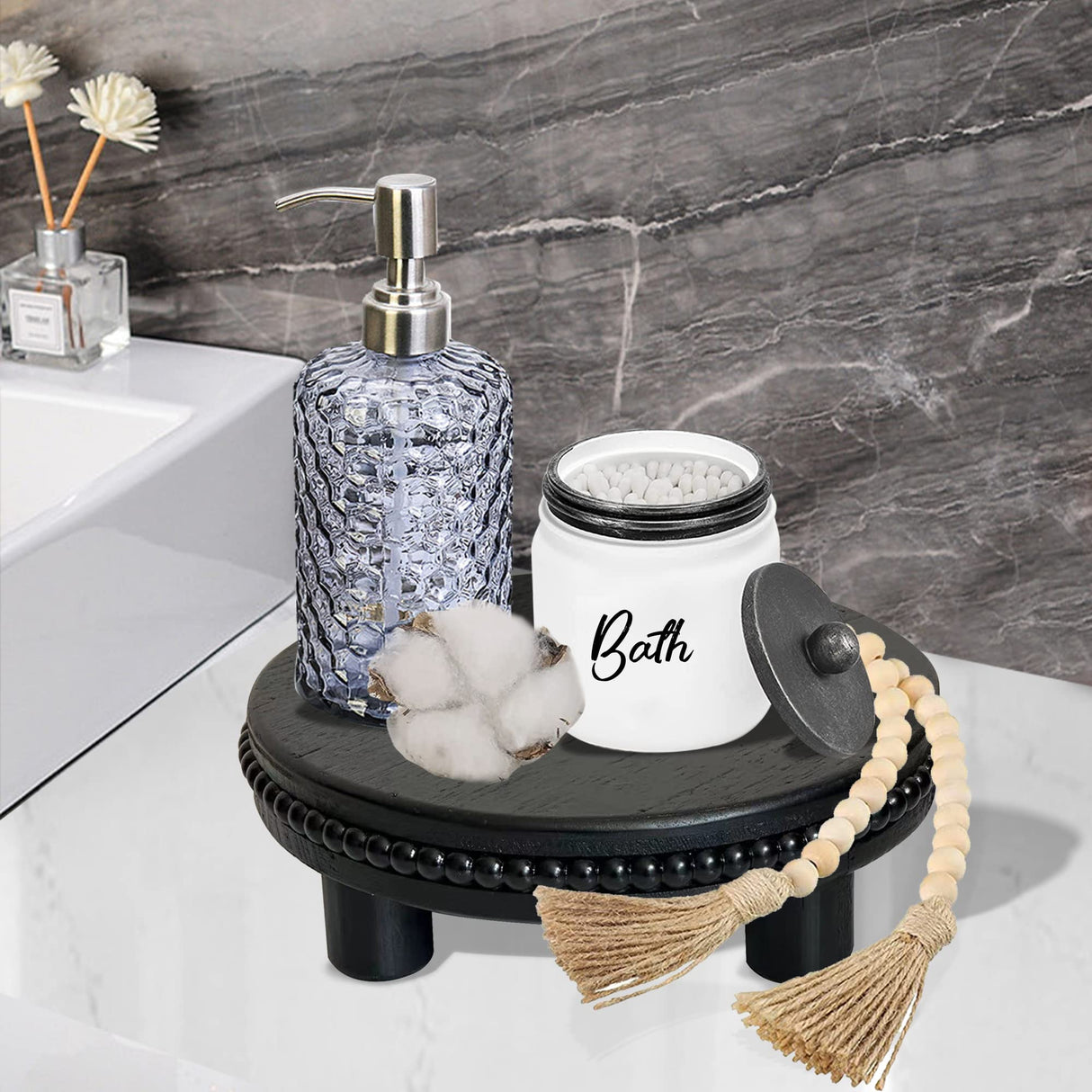 dwellington Farmhouse Beaded Wood Tray Risers for Display, 7.6” Wooden Decorative Tray for Kitchen Home Decor, Display Pedestal Stand for Countertop, Black Round Wood Riser for Soap Dish dwellington