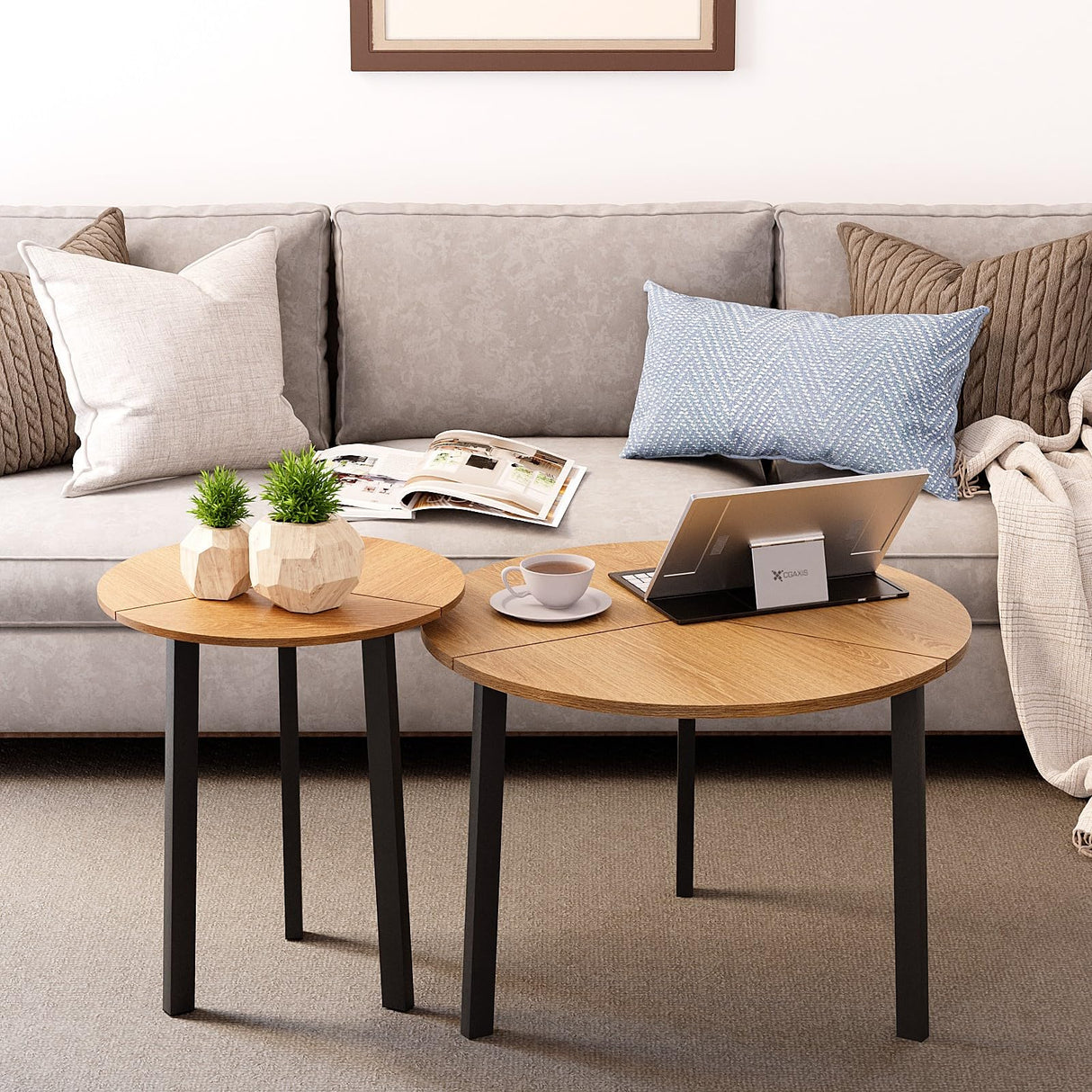 HOMPUS Modern Round Coffee Table, 23.6'' Small Nesting Coffee Table Set of 2, Accent Wood Coffee Tables, Nested Table for Living Room, Bedroom (Original Wood) HOMPUS