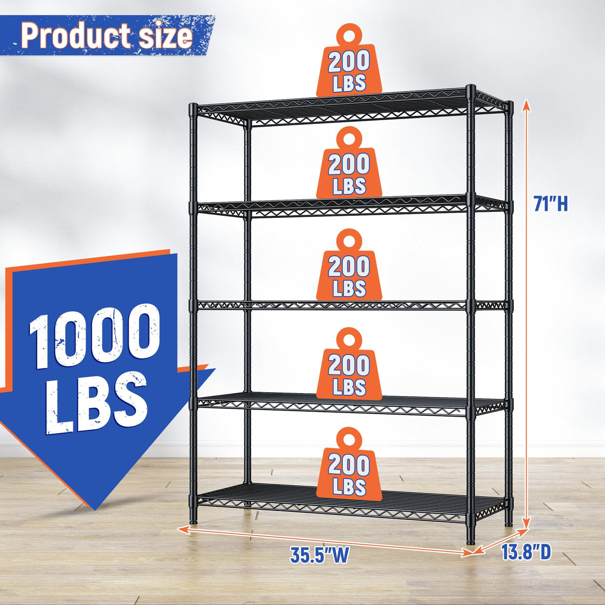 5 Tier Storage Shelves 71" H Wire Shelving Adjustable Metal Shelving,1000LBS Pantry Shelves Sturdy Steel Wire Shelf for Kitchen Commercial Pantry Garage Warehouse,71" H X35.5 W X13.8 D, Black Romorgniz