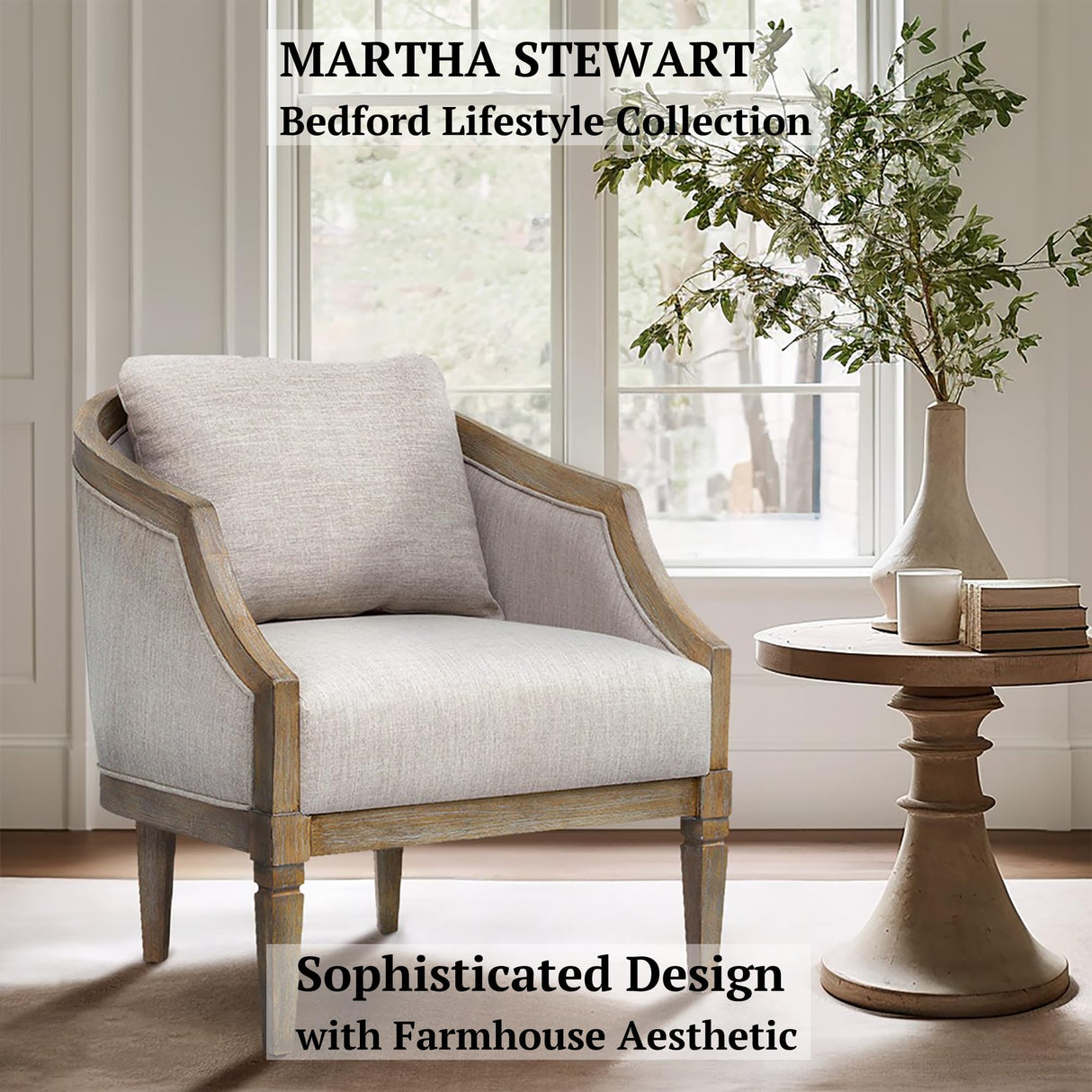 Martha Stewart Whitney Accent Chair for Living Room Bedford Collection, Solid Wood Frame, Plush 6.75" Thick Seat Cushion Removable Backrest, Rustic Farmhouse Furniture Bedroom Chair, 27" W Natural Martha Stewart