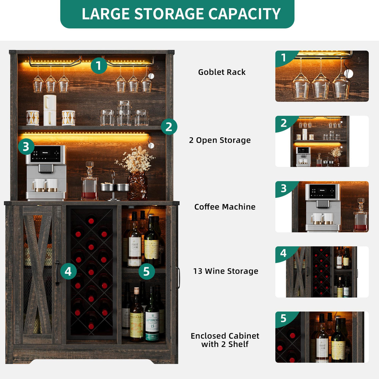 YITAHOME Wine Bar Cabinet, LED Farmhouse Liquor Cabinet Coffee Bar with Adjustable Shelves, 65 Inch Buffet Kitchen Storage Cabinet for Dinning Room, Kitchen, Living Room, Dark Rustic Oak YITAHOME