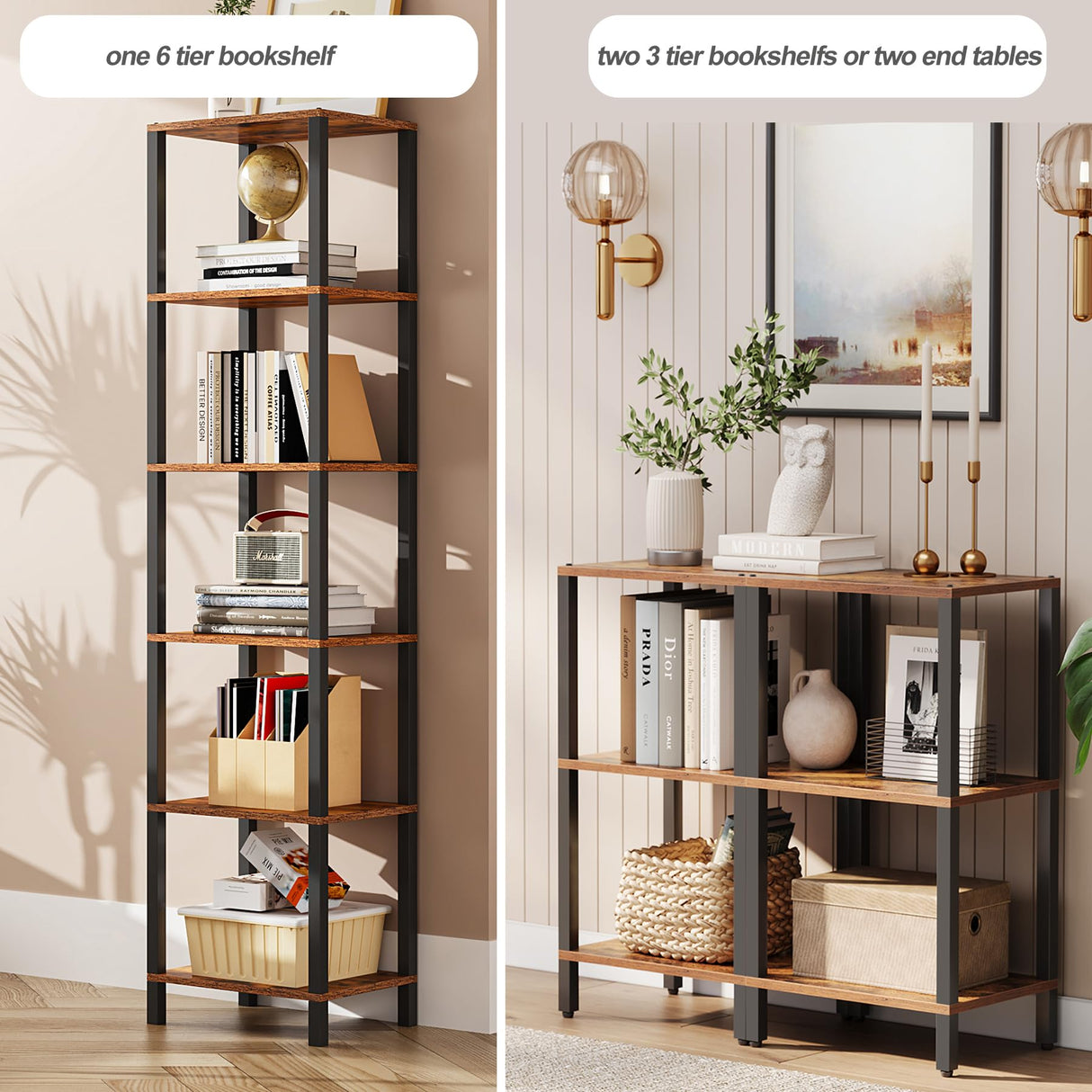 TUTOTAK Bookshelf, 6-Tier Tall Book Shelf, Narrow Bookcase for Small Space, DIY Stackable Bookshelf, for Living Room, Office, Study, Entryway, Industrial, Rustic Brown BS01BB006 TUTOTAK