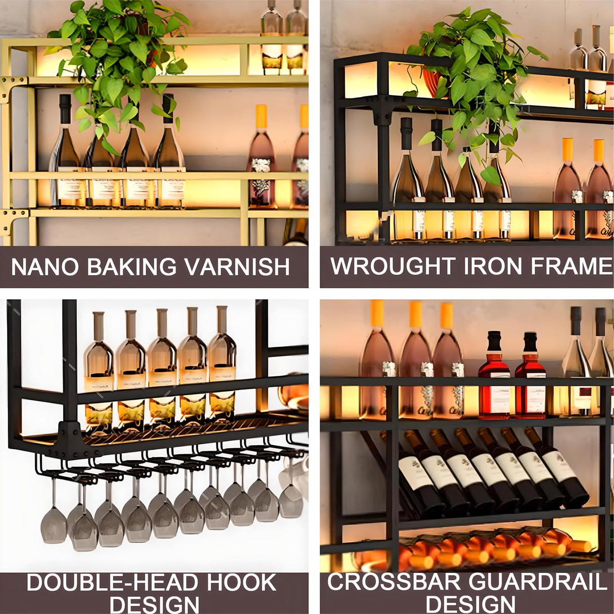 47.2in Wall Mounted Wine Rack, Wine Rack Wall Mounted With Wine Glass Rack, Metal Bar Bottle Display Shelf Wine Cups Hanging Holder, For Home Bar Cafe Dining Room Decoration (BLACK, 47.2*10*35.5inch) amhricho
