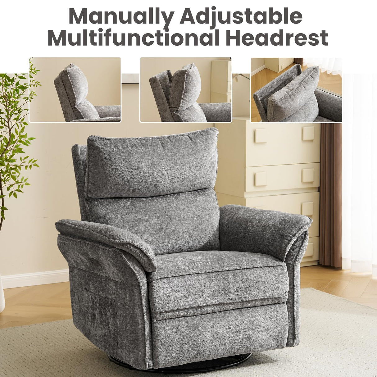 Rhevoy Oversized Power Recliner Chair Swivel Glider with Massage and Heat, Rocker Nursery Recliner for Adults with Adjustable Headrest, 26" Extra Wide Nursery Chair with Overstuffed Armrest, Dark Grey Rhevoy