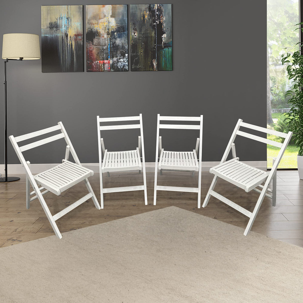 HomVent Set of 4 Slatted Wood Folding Chair, Fully Assembled Folding Chair Set Folding Event Chairs Wedding Chair Wooden Slatted Seat for Dining Room Kitchen Balcony Wedding Occasion Events (White) HomVent