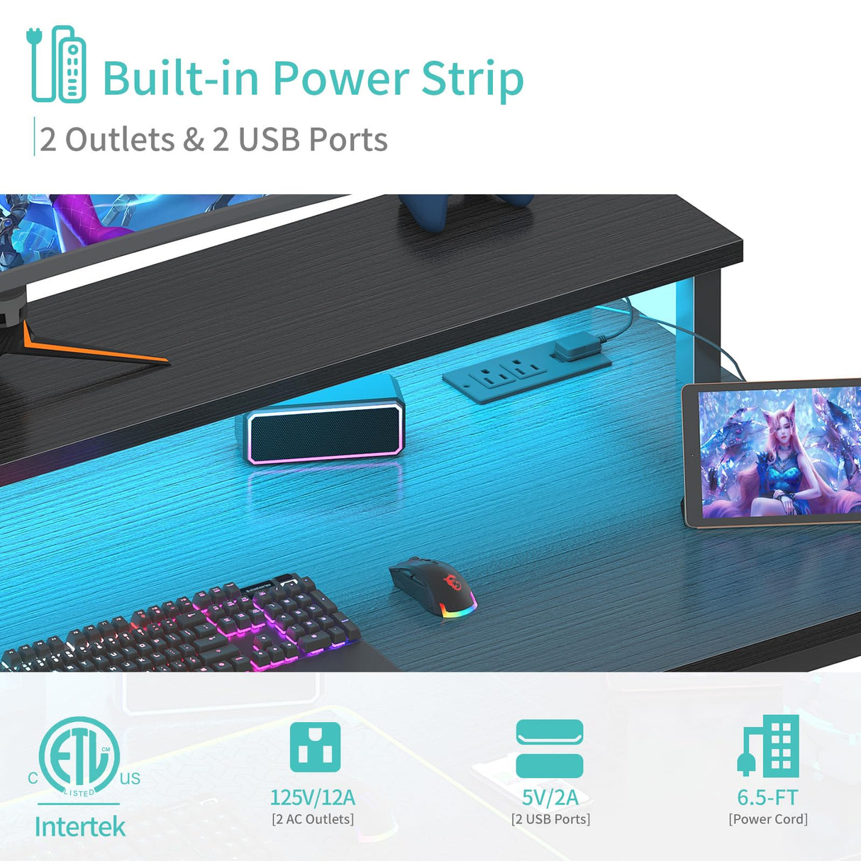 Lufeiya Black Gaming Desk with LED Lights and Power Outlets, 40 Inch Teen Writing Study Table Home Office Desks with Monitor Stand, Computer Desk with Charging Station USB Port, Black Lufeiya