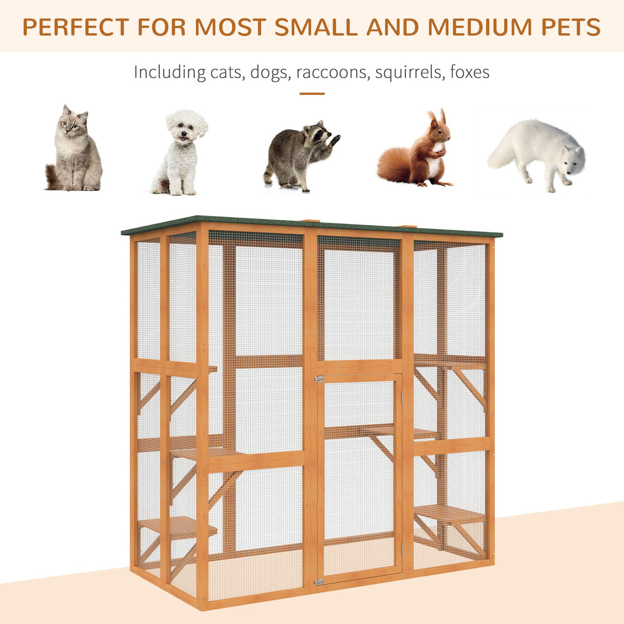PawHut Outdoor Cat House Big Catio Wooden Feral Cat Shelter Enclosure with Large Spacious Interior, 6 High Ledges, Weather Protection Asphalt Roof, 71" L, Orange PawHut