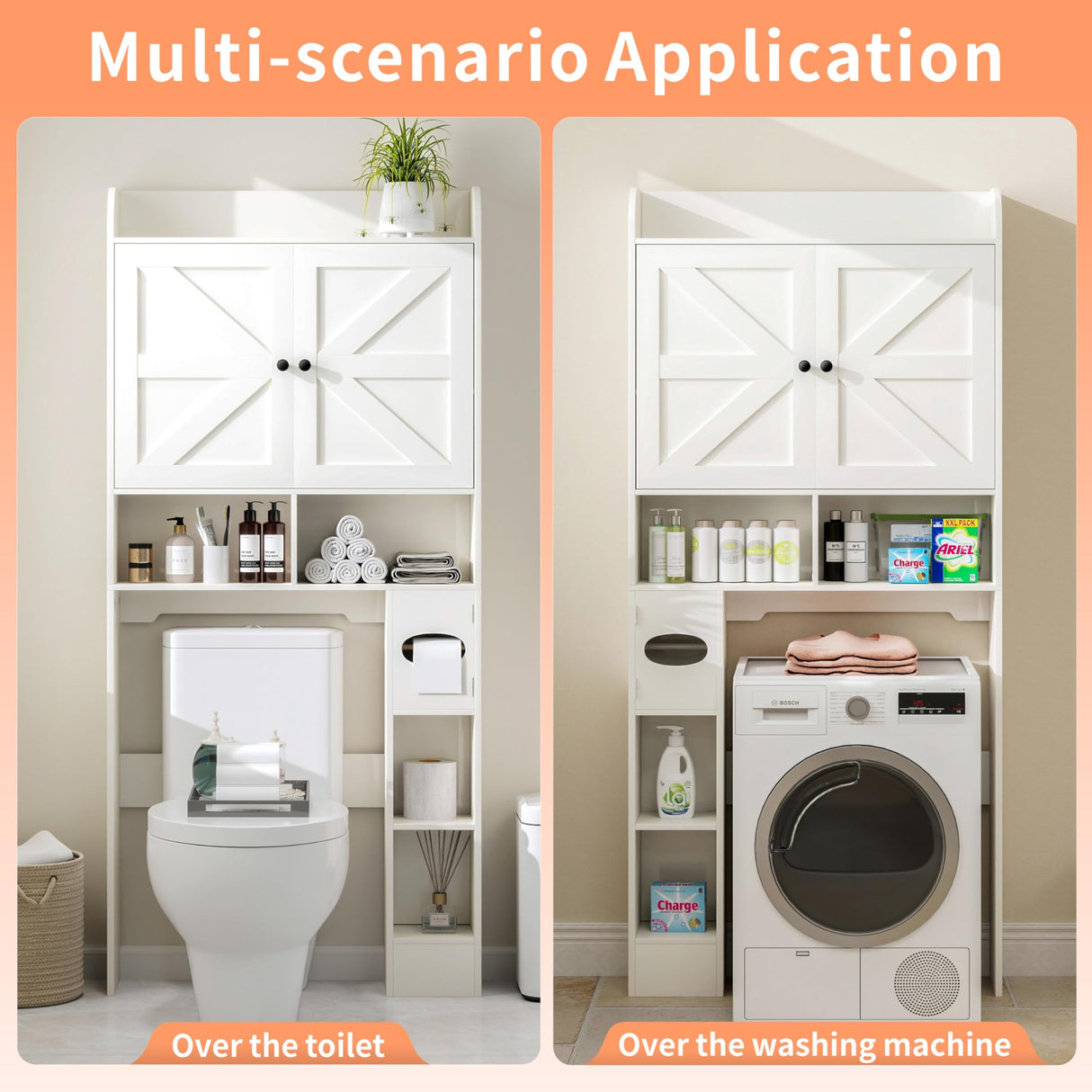 MUUEGM Over The Toilet Storage Cabinet with Barn Doors, White Bathroom Organizer, Farmhouse Tall Bathroom Storage Cabinet with Toilet Paper Holder, Above Toilet Shelf for Restroom, Laundry MUUEGM