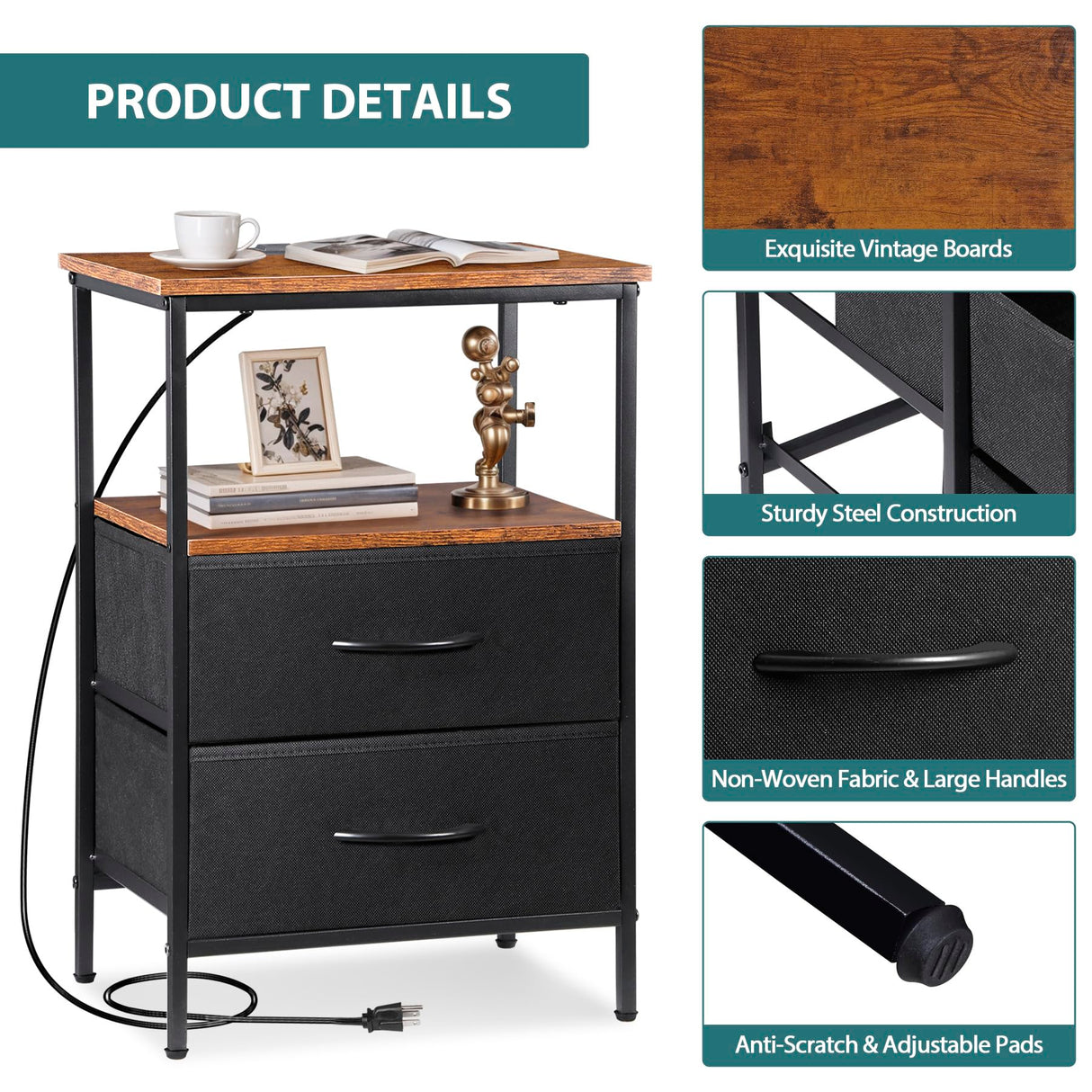 Nouva Nightstands Set of 2 with Charging Station, End Table Side Table Night Stand Bedside Table Furniture w/ 4 Fabric Drawers, USB Ports & Outlets,Metal Frame for Bedroom,Rustic Brown Nouva