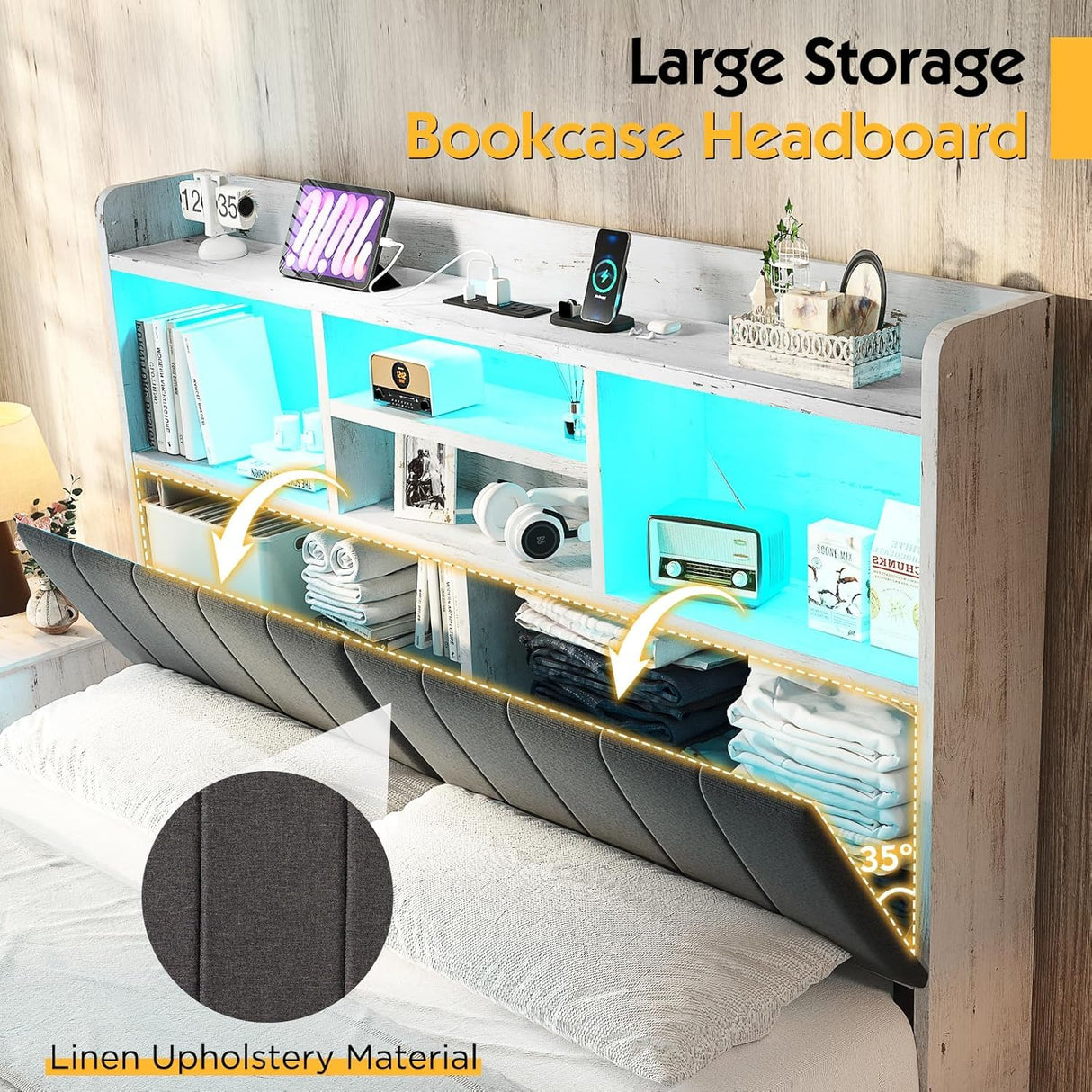 LUXOAK Full LED Bed Frame with Bookcase Headboard and 4 Drawers,Farmhouse Storage Bed with Charging Station & Linen Upholstered, No Box Spring Needed, Distressed White LUXOAK