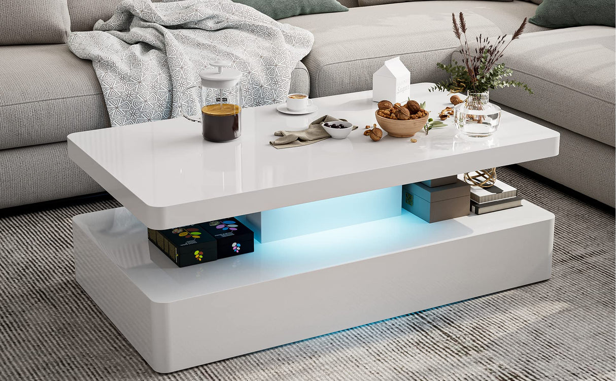 IKIFLY LED High Glossy Coffee Table, Modern Coffee Table for Living Room with 16 Colors LED Lights, 2 Tiers Rectangle Design, White IKIFLY