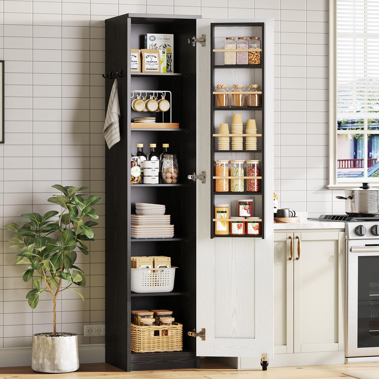 IRONCK Small Kitchen Pantry Cabinet 72" for Small Space, with Single Door and Adjustable Shelves, Freestanding Storage Cabinet for Living Room, Bathroom, Black and White IRONCK