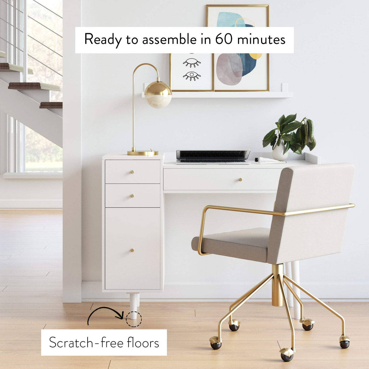 Nathan James Daisy Vanity Dressing Table or Makeup Desk with 4-Drawers and Brass Accent Knobs, White Wood Nathan James