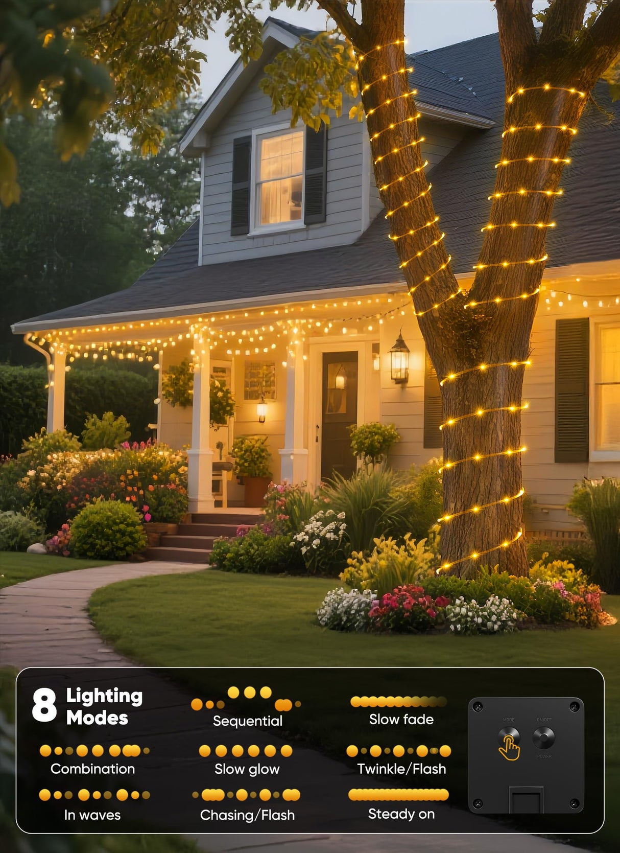 Brightown Solar Rope Lights, 39FT 100LED Outdoor Solar String Lights, IP65 Waterproof Solar Powered Fairy Lights with 8 Lighting Modes for Party Garden Yard Home Holiday Tree Decoration, Warm White Brightown