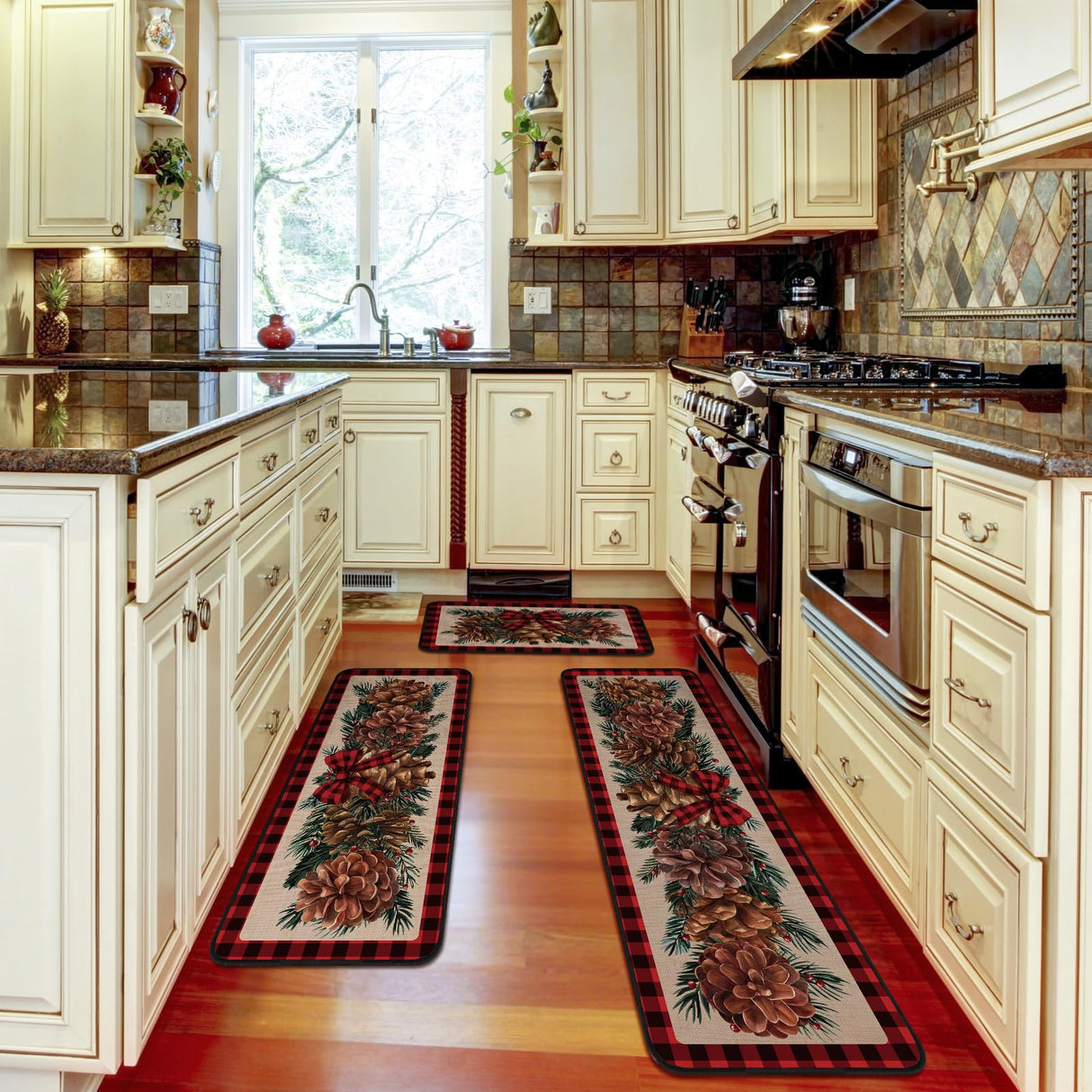 Drydiet 3 Pcs Christmas Kitchen Rugs Non Slip Winter Floor Mat for Kitchen Floor Hallway Laundry Sink and Bathroom, 20"x32" 20"x47", 20"x59"(Pinecone) Drydiet