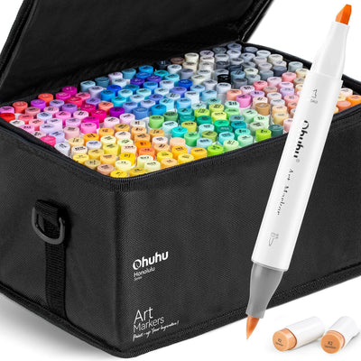 Ohuhu Brush Markers - 216-color Double Tipped Alcohol-based Art Marker Set for Artist Adults Coloring Illustration -Brush & Chisel Dual Tips - Honolulu Series of Ohuhu Markers - Refillable Ink