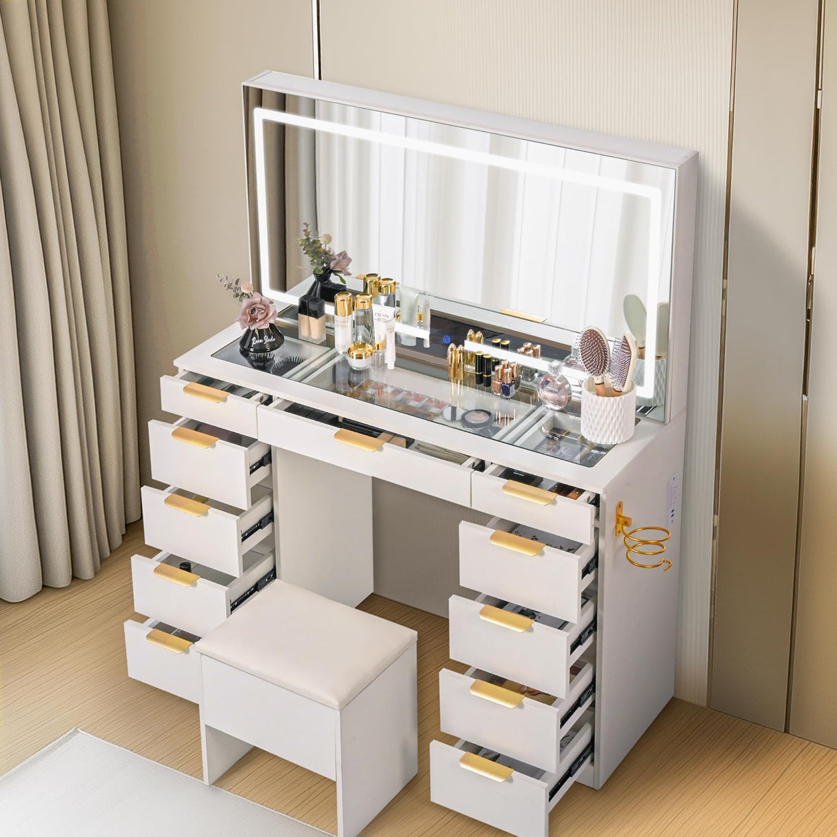 Pamapic 11 Drawers Vanity Desk with Golden Handles, Upgraded Silent Slides Vanity Mirror with Lights, 3 Lighting Modes Glass Top Makeup Vanity with Chair and Portable Mirror, Charging Station Pamapic