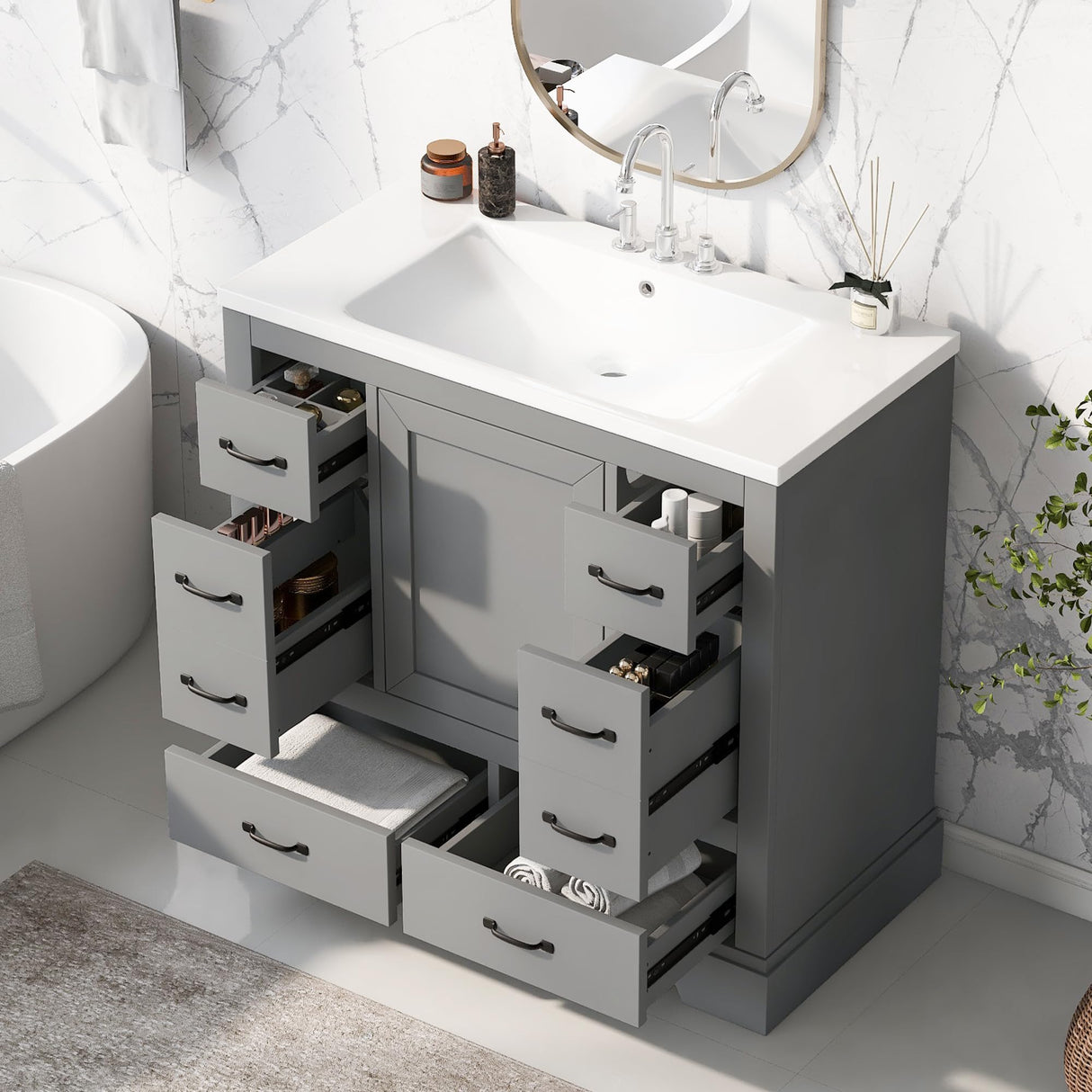 Harper & Bright Designs 36" Bathroom Vanity with Sink, Free Standing Single Basin Vanity Set with 6 Drawers & One Cabinet with Adjustable Shelf, Bathroom Cabinet with Ceramic Basin for Bathroom, Grey Harper & Bright Designs