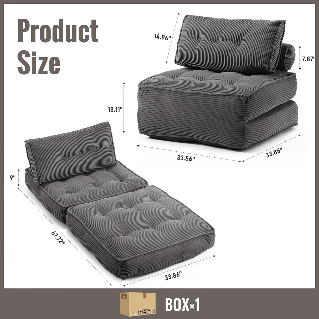 VIKAYAMICS Folding Sofa Bed Convertible Sleeper Chair 33" with Pillow Futon Boneless Couch with Back Support Small Couch for Living Room(Grey Single) VIKAYAMICS