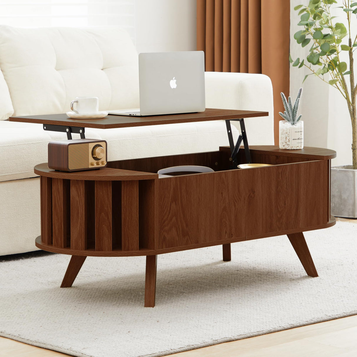 FurSch Wood Lift Top Coffee Table with Hidden Storage, 47.24" Oval Lift Table Top Curved Profile Design Conversation Table for Living Room, Office (Walnut) FurSch