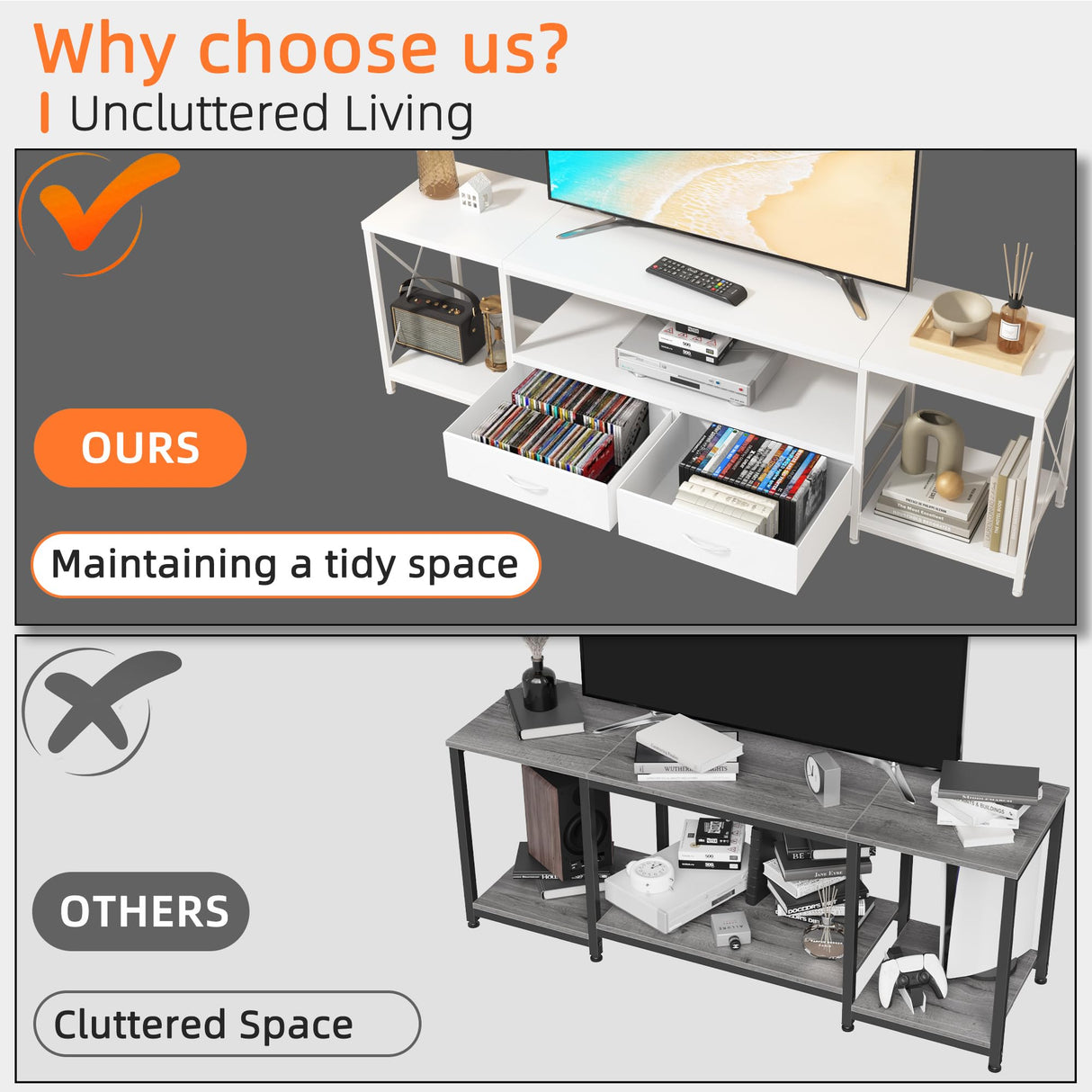 GYIIYUO TV Stand with Fabric Drawers for 55 60 65 Inches TV - Entertainment Center and Industrial TV Console Table with Open Storage Shelves for Living Room, Bedroom - 55.1" White GYIIYUO