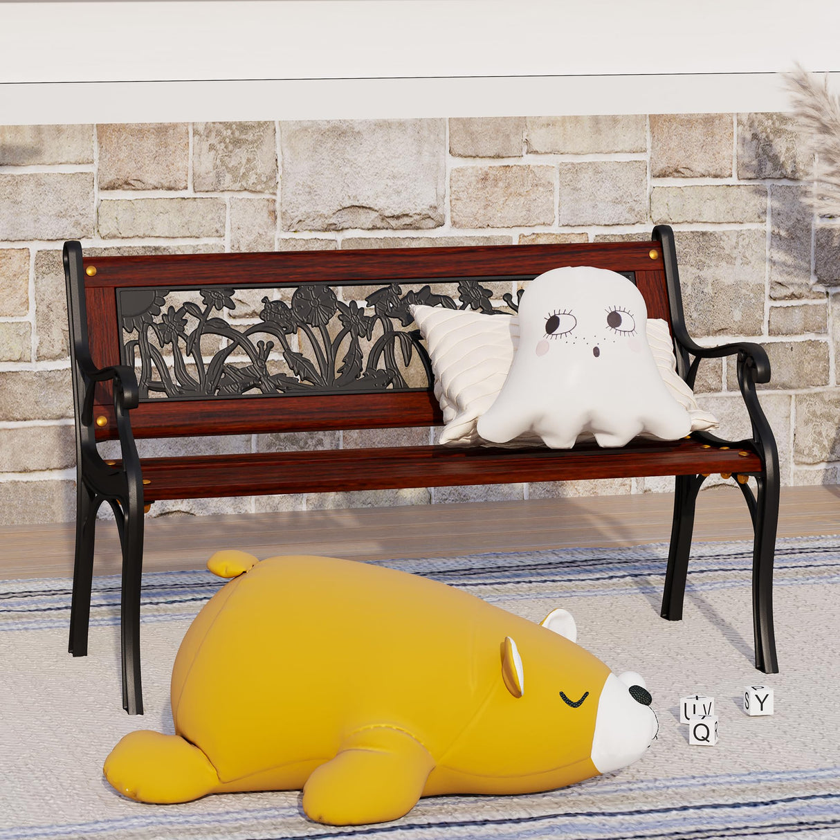 Sophia & William Outdoor Kids Bench Patio Mini Sized Garden Bench with Wooden Seat and Cast Iron Backrest for Porch, Lawn, Backyard and Indoor Sophia & William