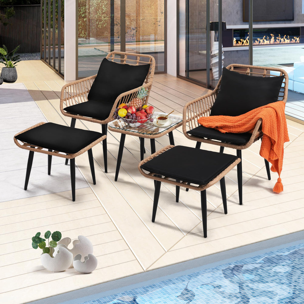 KROFEM Outdoor Wicker Chairs and Table Bistro Conversation Furniture Set, 5 Pieces with Ottoman for Porch, Balcony, Deck, Patio, Backyard, Natural Color KROFEM