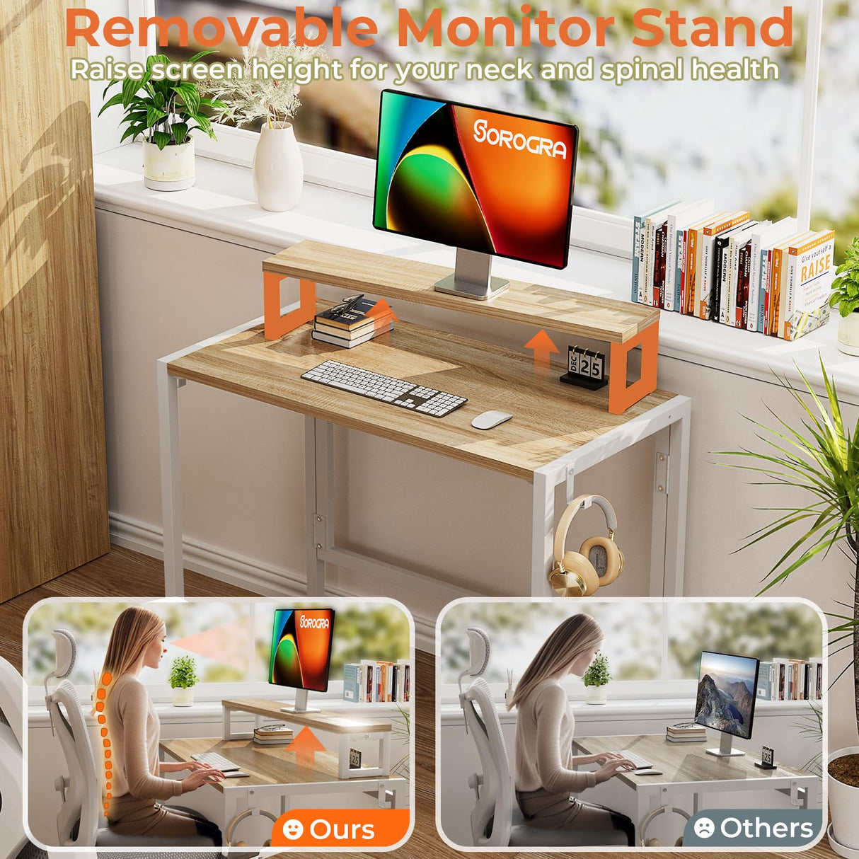 SOROGRA Small Folding Desk 31.5 Inch, Foldable Computer Desks with LED Lights and Monitor Stand, Work Portable Table for Bedroom Home Office, Oak SOROGRA