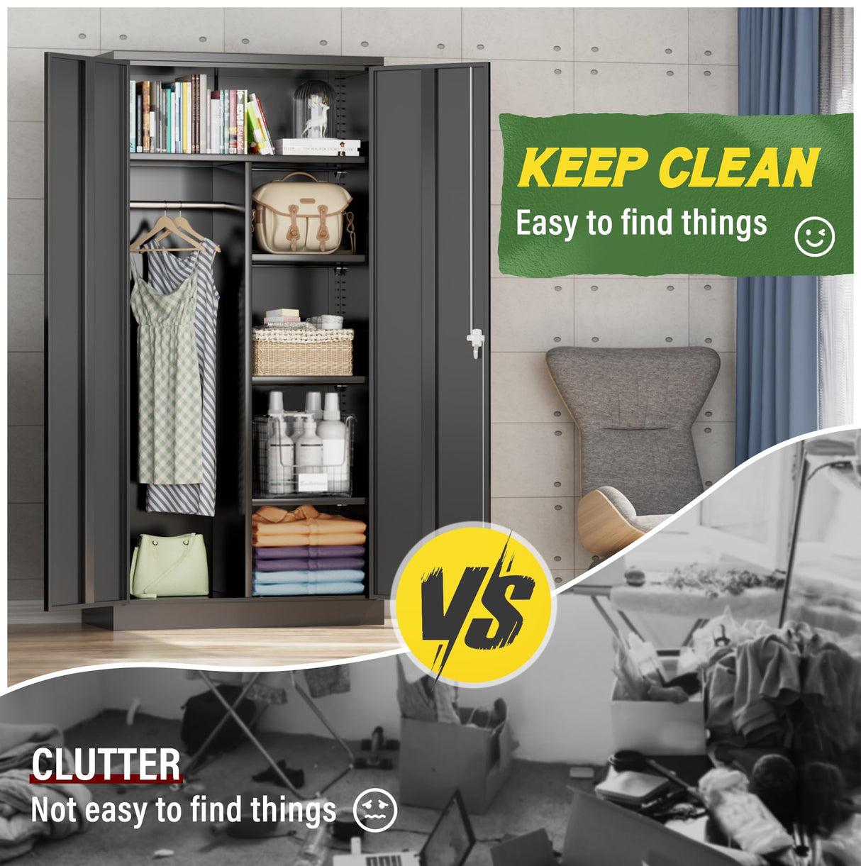 Greenvelly Metal Wardrobe Closet with Doors and Shelves,72" Black Armoire Wardrobe Closet for Hanging Clothes for Office, Home, School, Employee,Gym Greenvelly