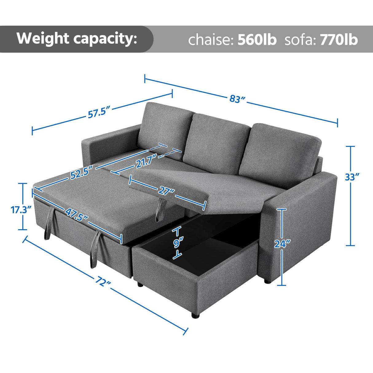 Yaheetech Sleeper Sofa Pull Out Sofa Bed 2 in 1 Sectional Sleeper Couches with Chaise L-Shaped Reversible Daybed with Pull Out Bed & Storage for Living Room Bedroom Apartment Light Gray Yaheetech