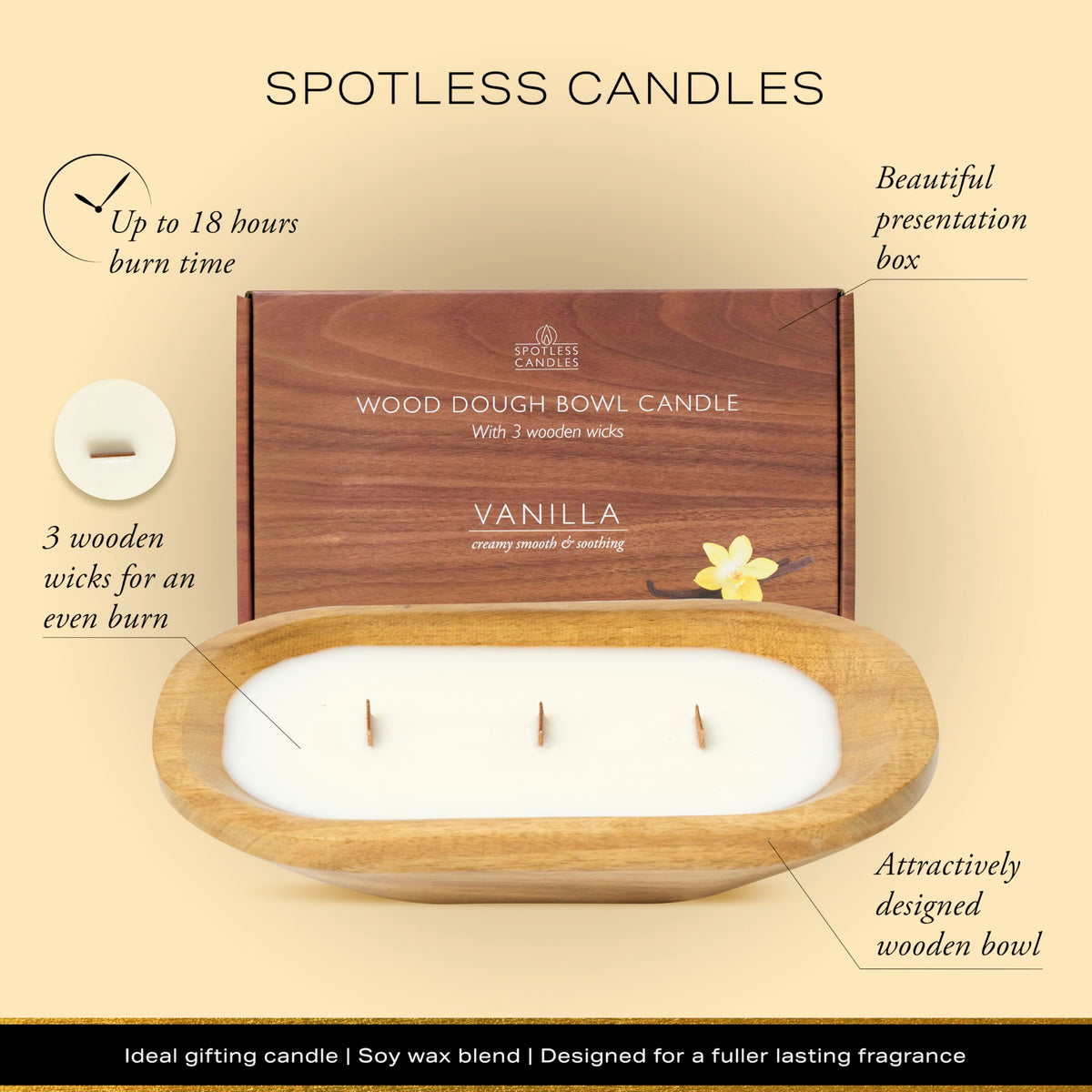 Spotless Leopard Pure Vanilla Bowl Candle -Vanilla Wooden Dough Bowl Candle Three Wooden Wicks - 240g (8.5 oz) in Gift Box and Protective Shipping Box Gift for Her Spotless Leopard